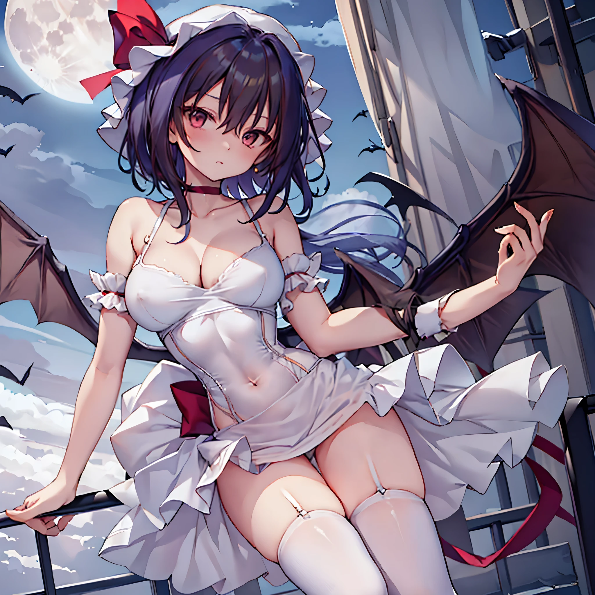 (Remilia toho character), (solo:1.2), (standing on the deck of mansion:1.1), a full moon, midnight, BREAK, short hair, collarbone, (emphasize very perky large :1.1), (emphasize cleavag(inconceivably thin narrow waist:1.3), (very short thin torso:1.2), very long (thin legs), emphasize thigh gap, BREAK, (very short sheer white dress), (inconceivably wiry narrow brown corset cinches waist too tight:1.5), frilled (too short white miniskirt), (light blue thighhighs), BREAK, nose blush