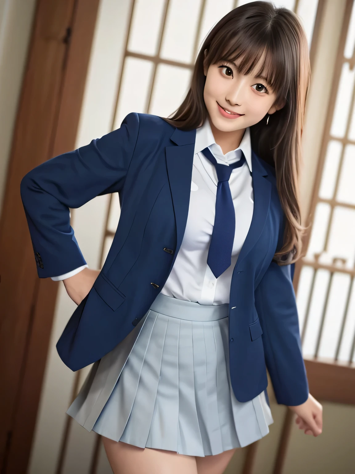8k, highest quality, real image, intricate details, Super detailed, ultra high resolution, depth field,(realistic,realistic:1.2), (black eye), 1 Japanese female, very beautiful girl, Big eyes, beautiful breasts:1.5、highly detailed eyes:1.2), (beautiful breasts:1.1), (small breasts:1.5), wavy hair、curly hair、bangs, perfect skin, Fair skin, huge hips, thick thighs, thick legs, cleavage, tight waist, light blush, alone, looking at the viewer, (smile:1.4), ((School_uniform),(dark blue blazer), (white shirt、wear a tie), (gray pleated skirt), (sculpture installation :1.1)