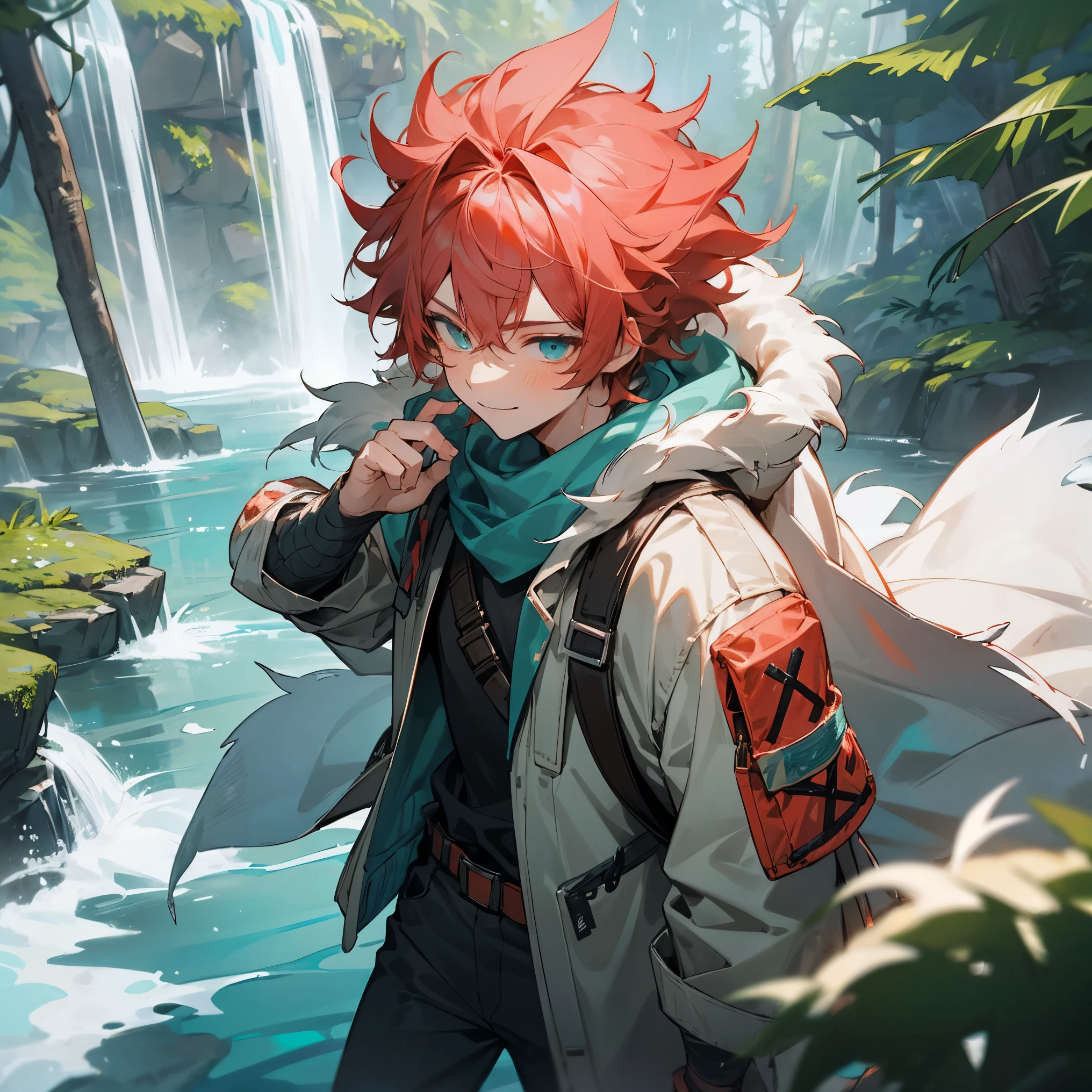 1male, young teen, medium messy hair, coral colored hair, finely detailed aqua eyes, casual adventurous clothes, jacket with fur hood on head, damaged scarf, bandolier across chest, bandages wrapped around arms, hiking backpack, forest, grotto, waterfall, walking down path, confident evil smile