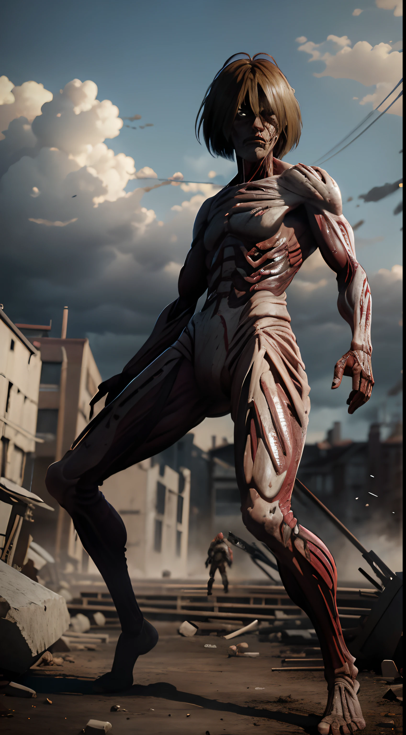 Attack on Titan Annie, Post-apocalytic, Female Titan, Bokeh, nffsw, Side lighting, A hyper-realistic, Ray tracing, Whole body, Fall, super mad, Mad Female Giant, apocalypse, Realistic Titans, look from down,