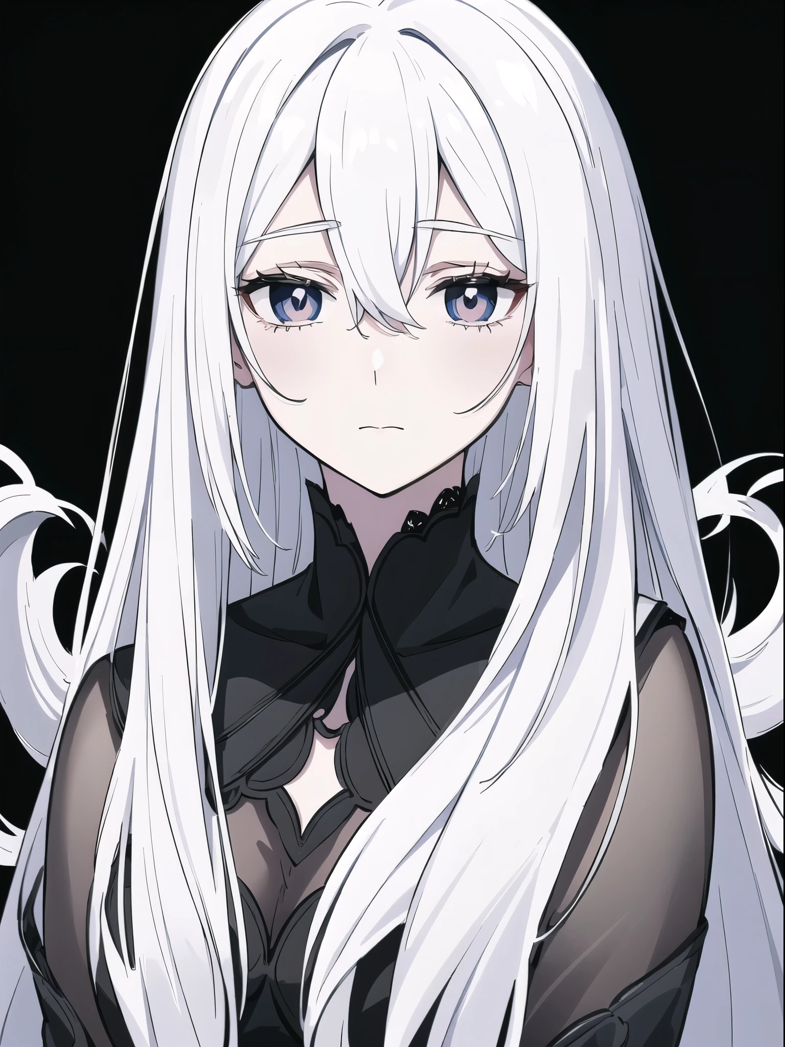 ((White hair)),((Head and Shoulders Image)),Sexy,A person,Alone,Simple style,pancake ,Simple details,Black background,Empty background,Black background wall,(20 year old woman),(Droopy hair),(White Gloves),(Evening Gown),(Lace Shirt),Lace,(confidence)