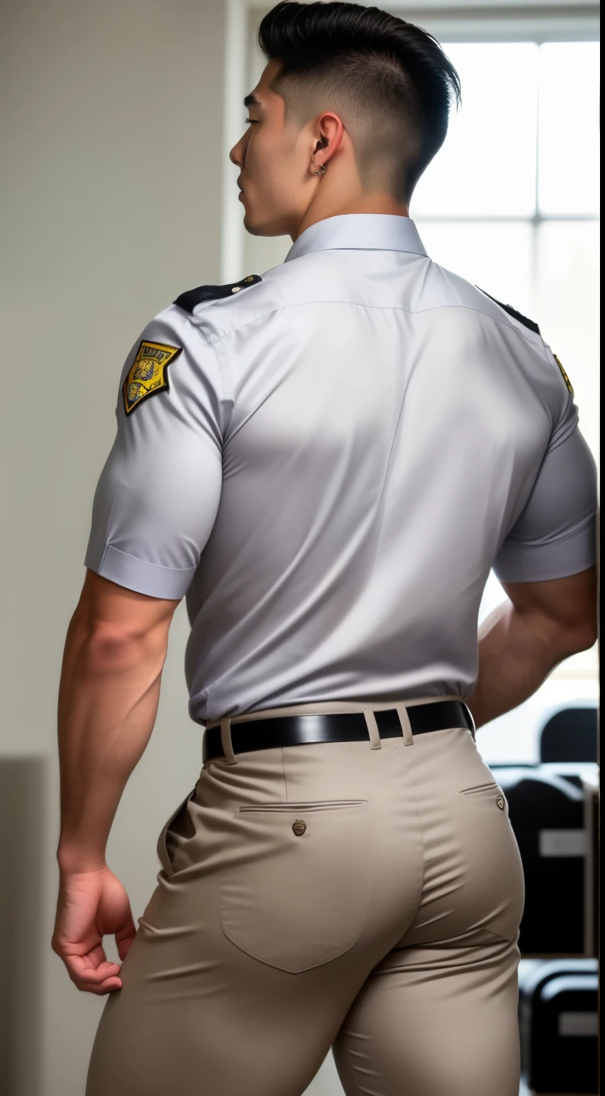 ((Men only)), (back view), (Tanned handsome muscular male police officer in his 20's ), He is Tall, well-built, clean-shaven male officer with a stern gaze, wearing the iconic LAPD uniform and badge, exuding authority and confidence, Chris Redfield, Mischievous smile, (detaile: 1 in 1), Natural muscles, HIG quality, beautidful eyes, (Detailed face and eyes), (Face、: 1 / 2), Noise, Real Photographics、... ............................................................................PSD, Sharp Focus, High resolution 8K, realisitic & Professional Photography, 8K UHD, Soft lighting, High quality, Film grain, FujifilmXT3