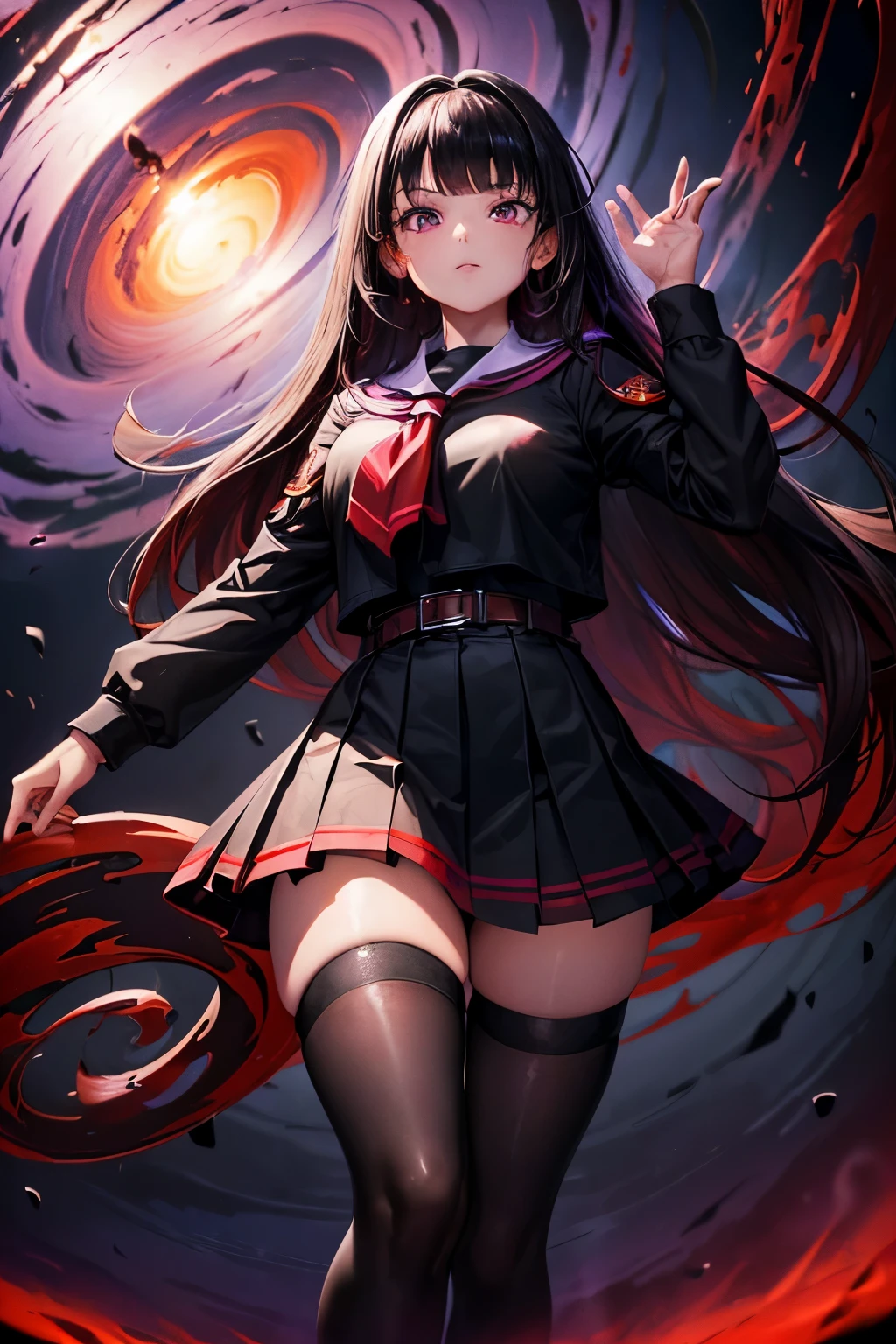 from below, best quality, In the center of the coliseum, a woman raises her hand high into the sky, (red and white magic school uniform:1.3), expressionless, brown miniskirt, brown knee-high socks, incredibly absurdres, extremely detailed, delicate texture, stinking eyes, jet black eyes, blunt bangs, jet black long straight hair, background (a huge swirling black hole of red, purple, and black in the sky:1.5)