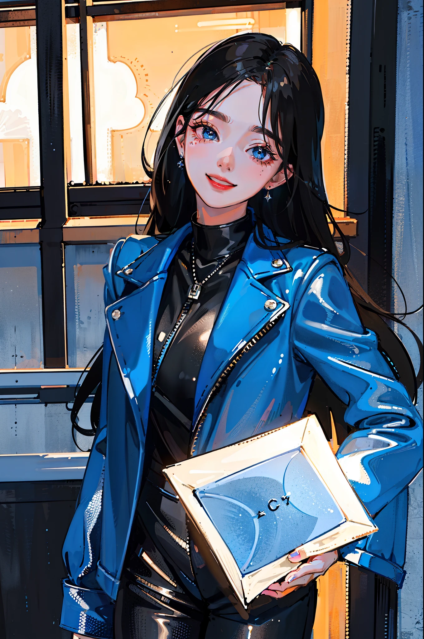 (super-detailed CG unified 8K wallpaper, masterpiece, highest quality, super-detailed), (best lighting, best shadows, extremely delicate and beautiful), bright smile and wink. She is dressed in a leather jacket, her long black hair swishing, framing her beautiful face perfectly. She is dressed masculine and looks dependable, her blue eyes sparkling with joy.