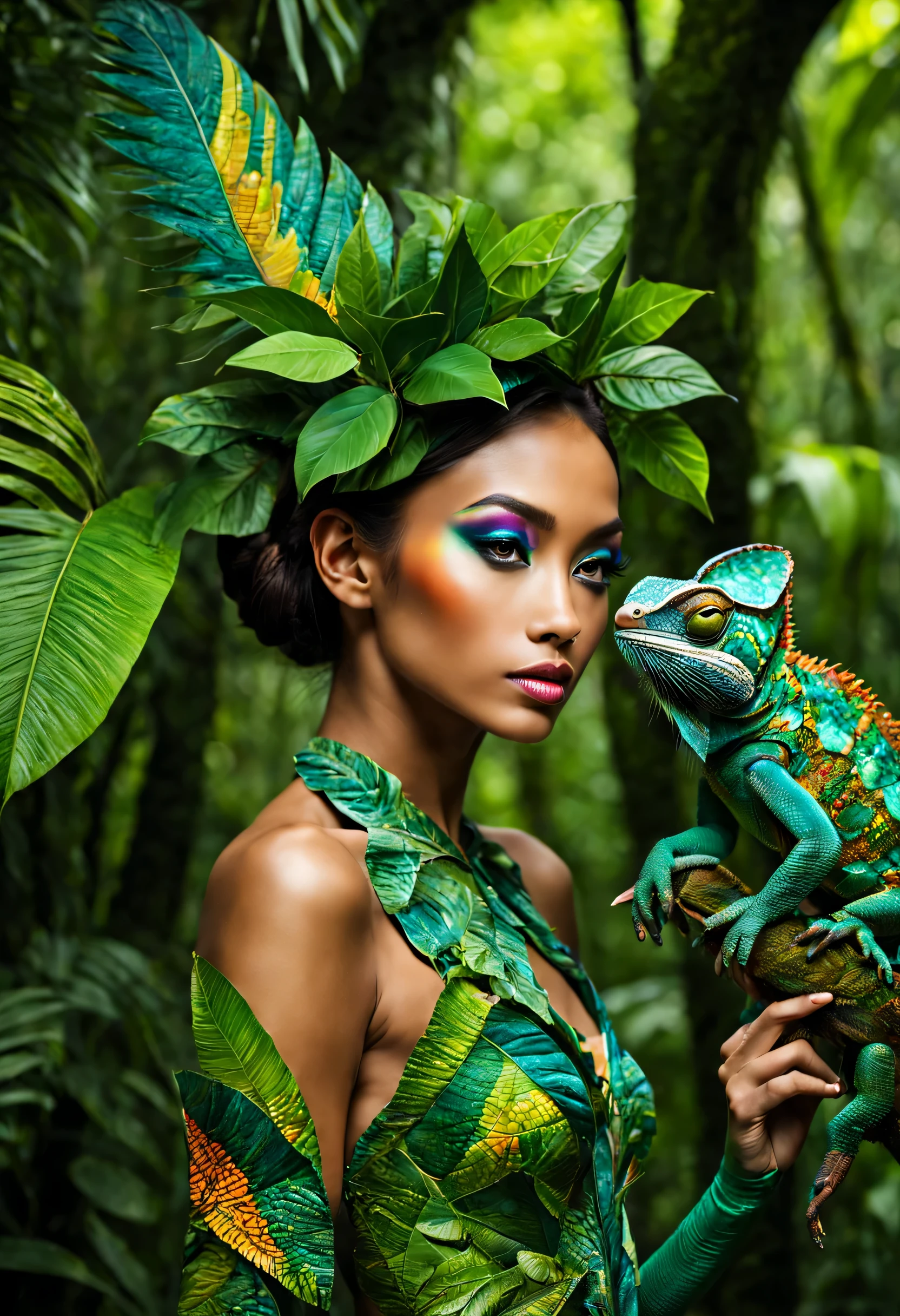 A gracefully posing girl with chameleon-inspired makeup artfully merges into the richly textured lush jungles of Borneo, displaying her remarkable skill to adapt to her surroundings. The image, resembling a museum-quality masterpiece, comes alive with vivid colors and intricate detail. Every minute detail is meticulously brought to life, from the girl's mesmerizing chameleon-like skin, which flawlessly blends with the diverse array of foliage, to her slender, yet agile limbs, poised effortlessly on a tree branch