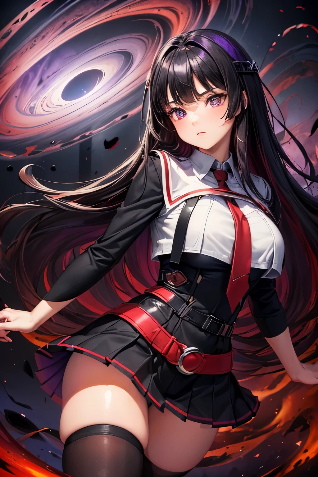 from below, best quality, 3D, In the center of the coliseum, a woman raises her hand high into the sky, (red and white magic school uniform:1.3), expressionless, brown miniskirt, brown knee-high socks, incredibly absurdres, extremely detailed, delicate texture, stinking eyes, jet black eyes, blunt bangs, jet black long straight hair, background (a huge swirling black hole of red, purple, and black in the sky:1.5)