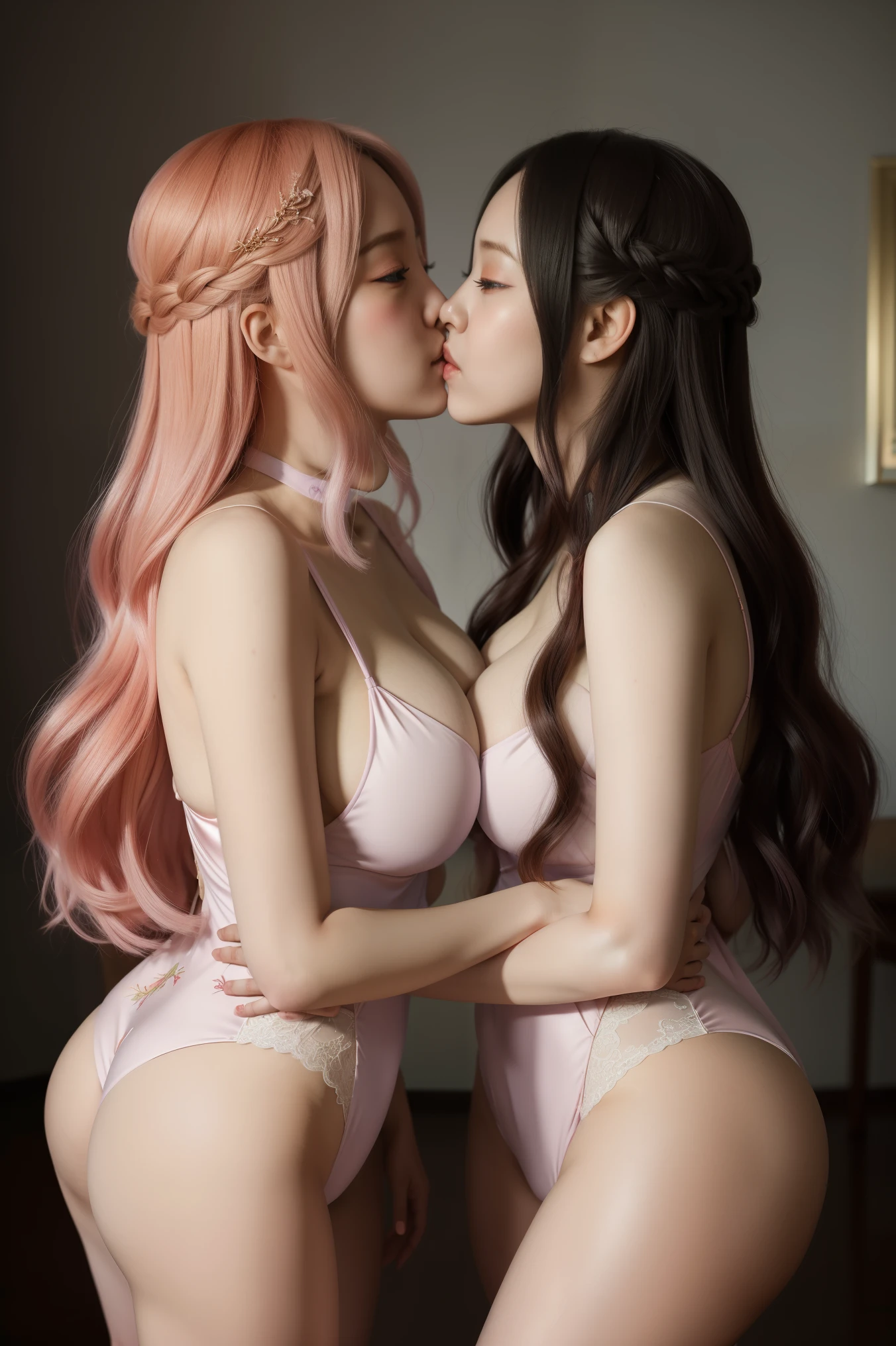 there are two women in lingersuits are posing for a picture, wlop and sakimichan, female link and malon kissing, lesbian art, artwork in the style of guweiz, kissing together cutely, loish and wlop, two beautiful anime girls, (huge breasts), wlop and rossdraws, alena aenami and lilia alvarado