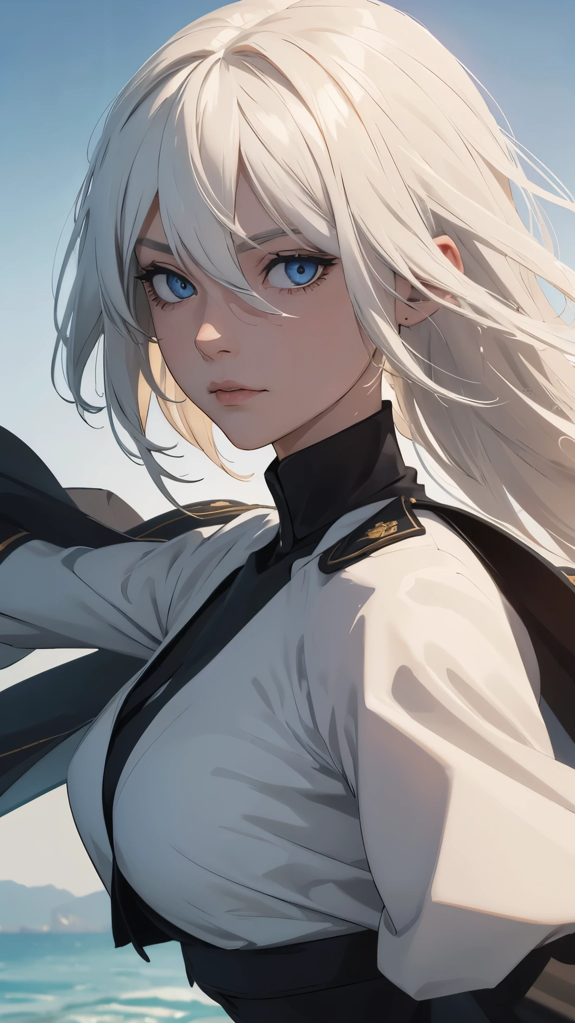 (extremely detailed CG unity 8k wallpaper), (masterpiece), (best quality), (ultra-detailed), (best illustration), (best shadow), (absurdres) ,(detailed eyes), 2b, 1girl, long hair, white hair, solo, Intimidating women, admiral uniform, night, hero pose, white clothes, General Uniform, Military Uniform, Sunlight, exposed to sunlight,commander, fighting pose, wearing cape