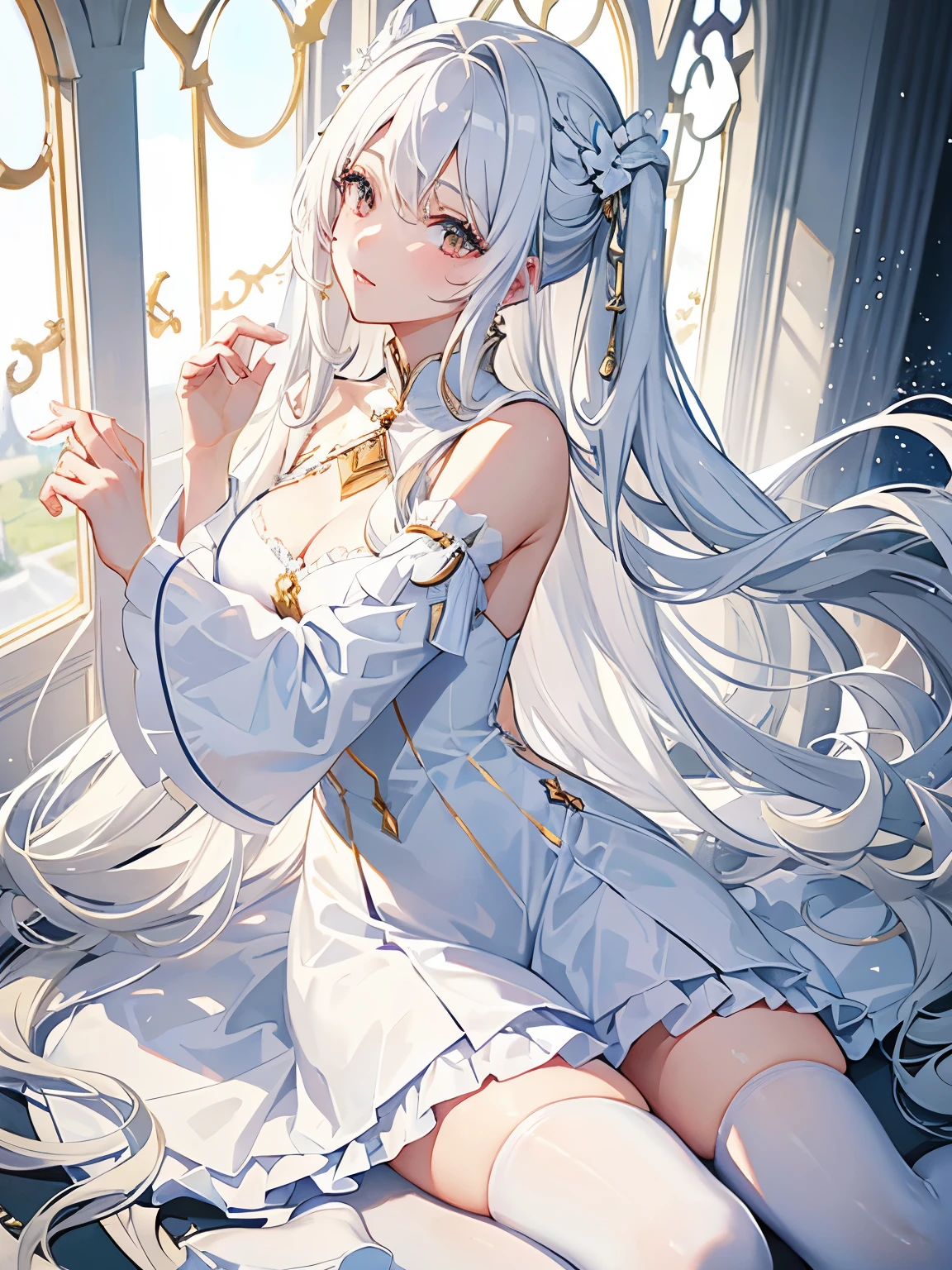 A woman in white dress, white stockings, white hair, gold eyes, long wavy hair