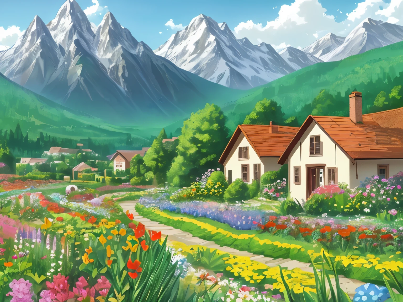 A flower garden that spreads all over, two butterflies, mountains in the background, small house on the right, birds flying around. river flows
