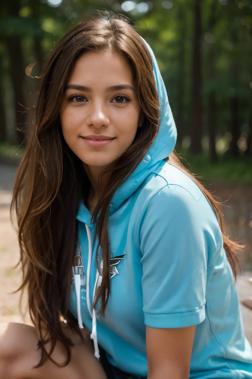 latina, long hair, sexy, brown hair with light blonde highlights, smile, cute, blue hoodie, full body shot, realistic photo of skin showing all small details, 8 THOUSAND, ((detailed skin)), Natural skin, skin pores, skin hair, realistic skin texture, skin blemishes, freckled, hyperdetailed, natural light, 4K, HDR, UHD, masterpiece, (sharp focus:1.4), intricate, Fine details, Medium (chin length:1.2)