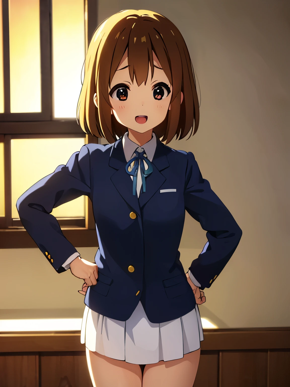 1girl, (((​masterpiece))), top-quality, top-quality, High Details, hirasawa yui, 1girl, maid cafe clothes, maid cafe uniform, two-yellow hairpin, short hair, A brown-haired, brown-eyed, 独奏, reddish, thin blue ribbon, Solid white buttoned shirt under blazer, illustratio, comic strip, soothing tones, Subdued Color, Soft cinematic light, adobe lightroom, photolab, HDR, intricately and hyper-detailed、(((depth of fields))))。(((​masterpiece)))。(((top-quality))).)((ultra-detailliert)))。(((illustratio)))。(((takeout))).dynamic focus.big breasts.(((canteen))).(((A school))).(((Face of happy))). open mouth.(((put hands on the hip))).(((up chest))).((morning glow)).((the setting sun)).