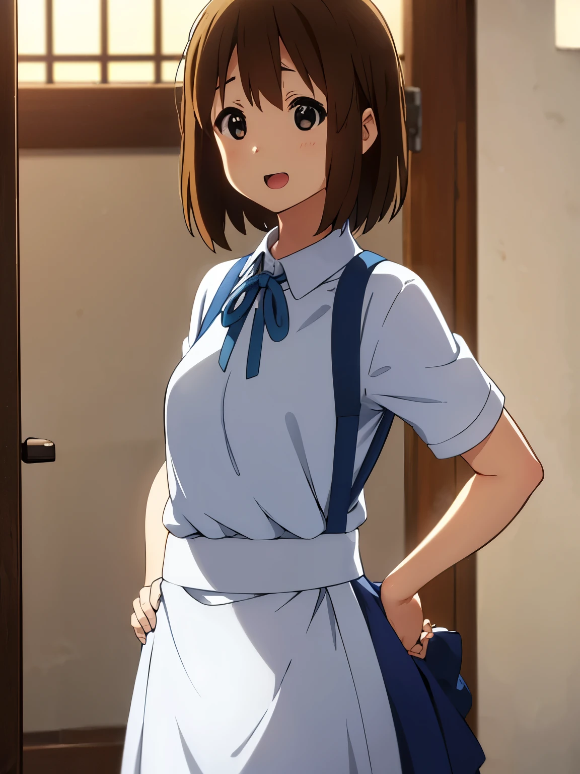 1girl, (((​masterpiece))), top-quality, top-quality, High Details, hirasawa yui, 1girl, maid cafe clothes, maid cafe uniform, two-yellow hairpin, short hair, A brown-haired, brown-eyed, 独奏, reddish, thin blue ribbon, Solid white buttoned shirt under blazer, illustratio, comic strip, soothing tones, Subdued Color, Soft cinematic light, adobe lightroom, photolab, HDR, intricately and hyper-detailed、(((depth of fields))))。(((​masterpiece)))。(((top-quality))).)((ultra-detailliert)))。(((illustratio)))。(((takeout))).dynamic focus.big breasts.(((canteen))).(((A school))).(((Face of happy))). open mouth.(((put hands on the hip))).(((up chest))).((morning glow)).((the setting sun)).