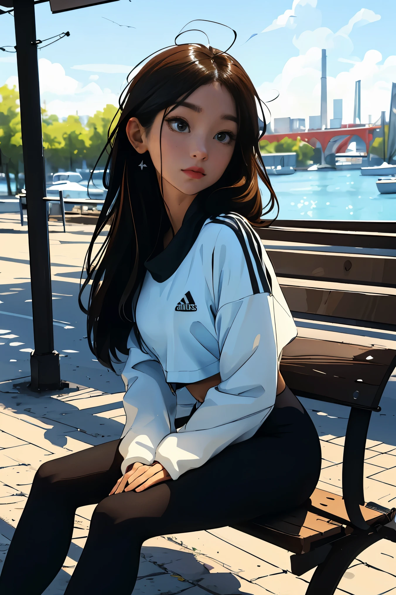 An anime girl sitting on a bench overlooking a lake and drinking at a cafe, Realistic Cute Girl Illustration, anime girl drinks energy drink, with a drink, beautiful picture style, realistic art style, Realistic anime art style, holding a drink, Realistic anime art style, Ilya Kuvshinov with long hair, in anime style, mysterious coffee shop girl(masterpiece:1.4), (best quality:1.4),front,Woman wearing tight black leggings and neon white bra top, Two-piece tracksuit, be good at sports ,On the right is the Adidas logo.,vivid colors, soft focus, light leaks, dreamy atmosphere, experimental charm, Retro charm break color field painting, various colors, abstract expressionism, Bold colors, emotional impact, atmospheric depth, MINIMALIST APPROACH BREAK, Beautiful woman, UHD (ultra detail) viewers who see it.., Other, fancy, Long hair dyed brown tied back 🌈, leggings clothing, White stardust in dark areas, absurd, high resolution, very detailed, (1 woman : ), vivid colors, soft focus, light leaks,