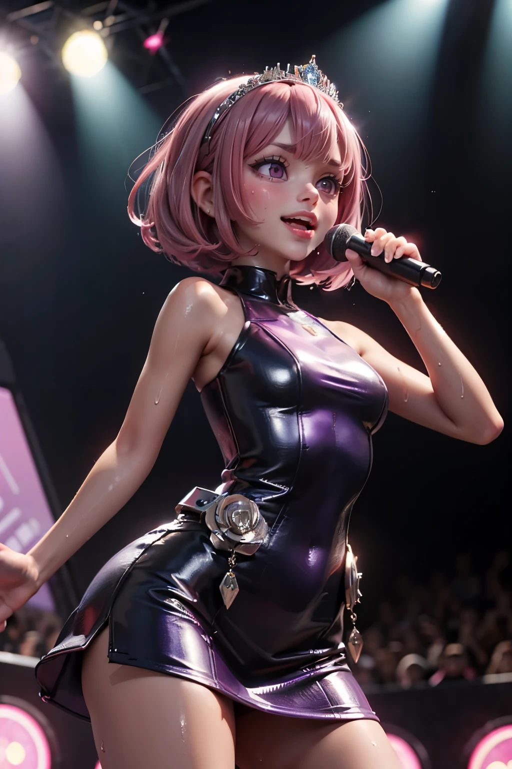 (Beautiful woman), (pink hair), (bob cut hair), smile, 17 year old, (scattered sweat), silver tiara, (cyberpunk vivid purple shining dress:1.1), (open mouth), singing, (hand mic), (beautiful 5 fingers:1.1),  (singing on stage), focus 1 woman, ,standing, Super futuristic stadium, Shining Lighting