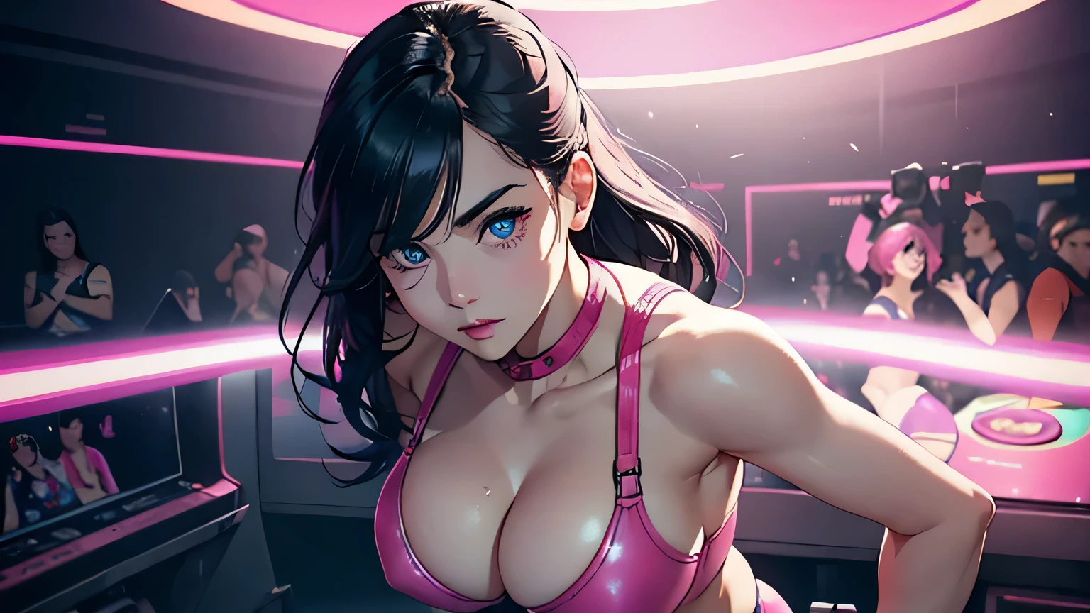 4K, A high resolution, Best quality at best, masterpiece, perfect colors, perfect shadow, perfect litthing, ((sportrait)), 1woman, fit body, heterochromia eyes,dark blue hair , blue eyes, With round lenses, The audience watched carefully, (s face: 1.2), Perfect female figure, ((standing dynamic pose)), ((pink sport bras, half breast open, pink leather suit)), ((shy and looking at viewert)), (Perfect thick white eyebrows) Delicate fur, 详细s face, s the perfect face, , (dynamic pose),retro arcade game center background, ((Bonifasko lighting)), (The round lenses on his eyes)(詳細な目), Perfect student, face close up