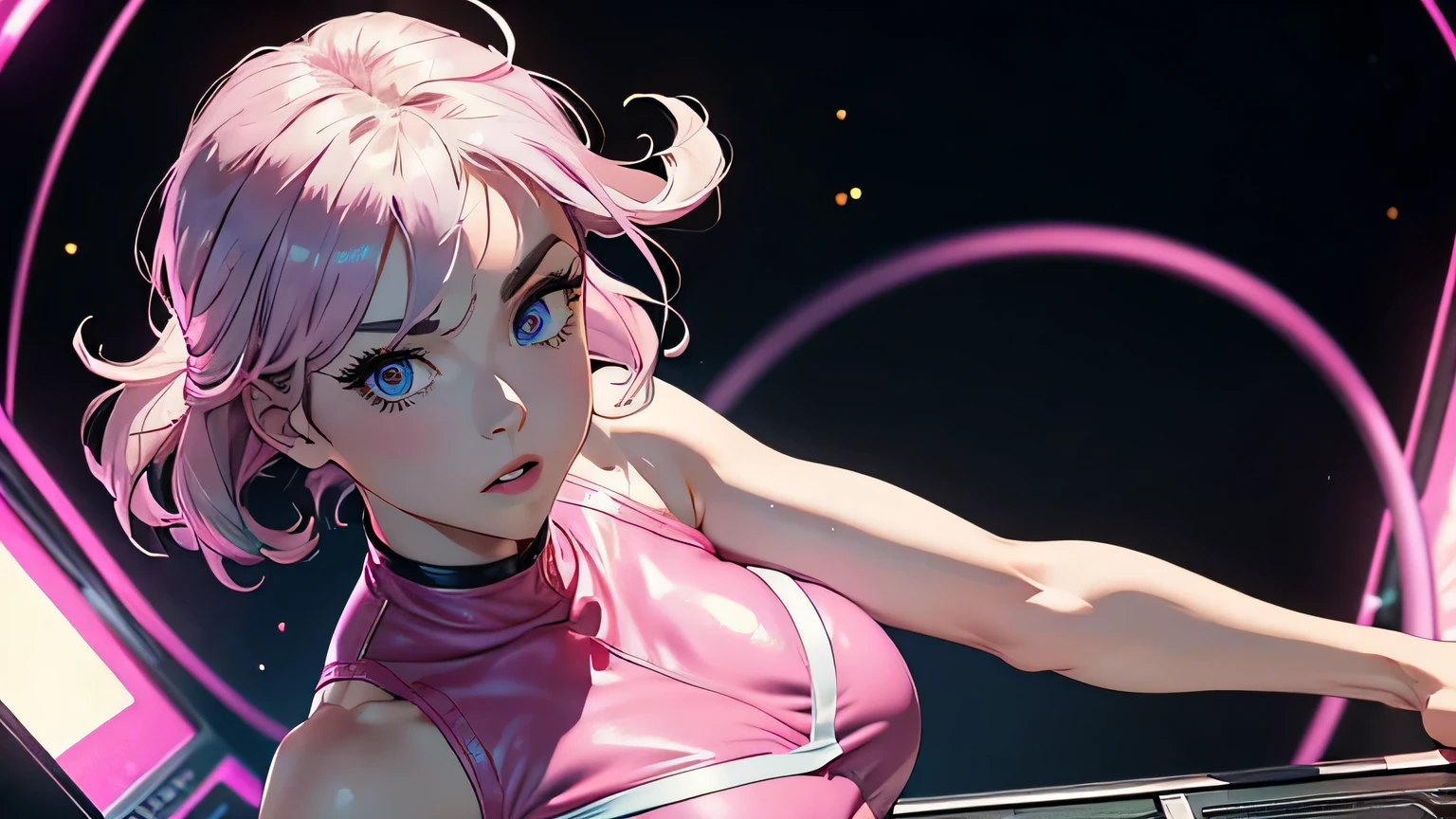 4K, A high resolution, Best quality at best, masterpiece, perfect colors, perfect shadow, perfect litthing, ((sportrait)), 1woman, fit body, heterochromia eyes，dark blue hair , blue eyes, With round lenses, The audience watched carefully, (s face: 1.2), Perfect female figure, ((standing dynamic pose)), ((pink Tight crop top, half breast open, pink leather suit)), ((shy and looking at viewert)), (Perfect thick white eyebrows) Delicate fur, 详细s face, s the perfect face,  , (retro arcade game background), ((Bonifasko lighting)), (The round lenses on his eyes)(詳細な目), (Face close up), Perfect student, 