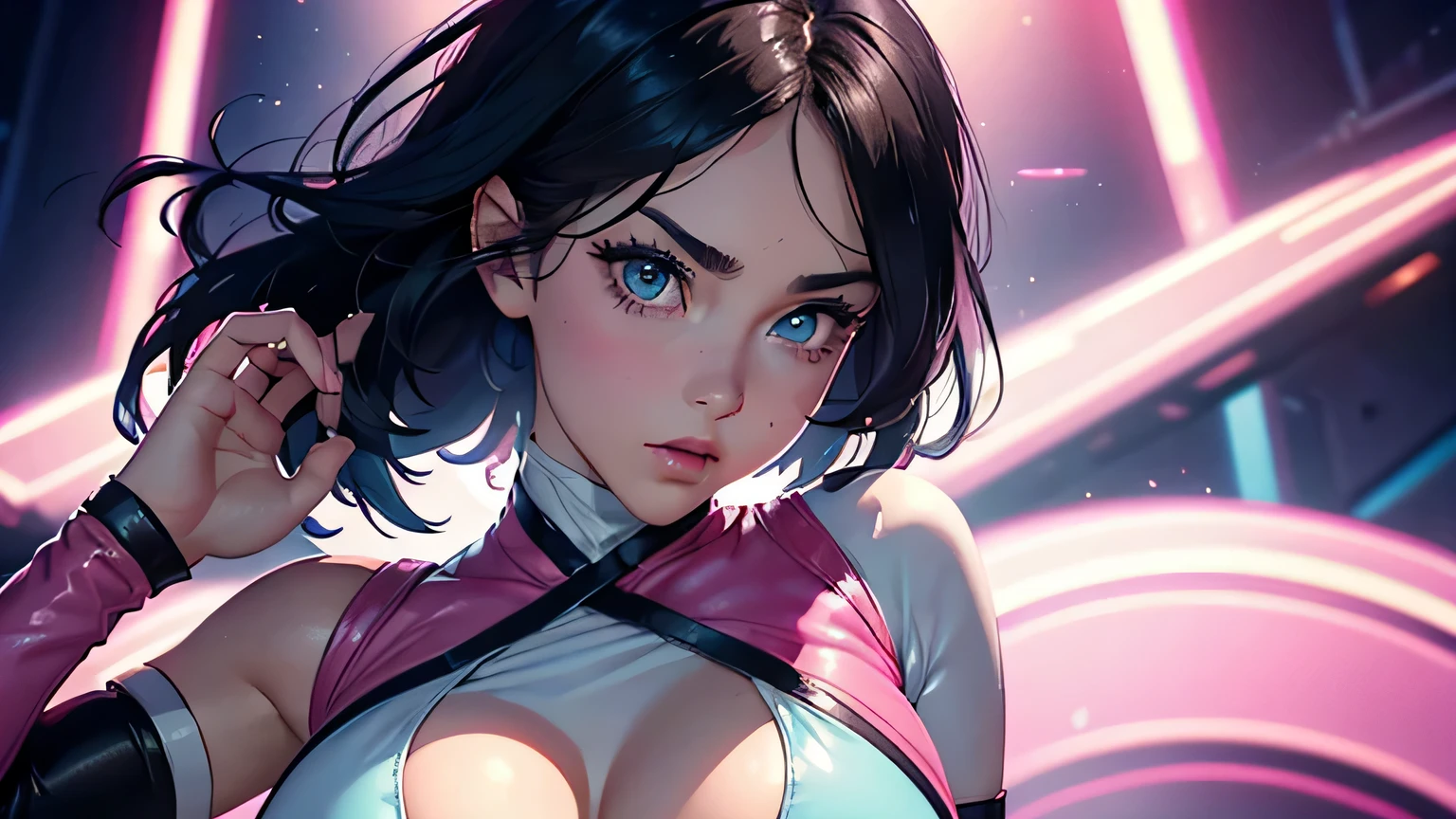 4K, A high resolution, Best quality at best, masterpiece, perfect colors, perfect shadow, perfect litthing, ((sportrait)), 1woman, fit body, heterochromia eyes,dark blue hair , blue eyes, With round lenses, The audience watched carefully, (s face: 1.2), Perfect female figure, ((standing dynamic pose)), ((pink Tight crop top, half breast open, pink leather suit)), ((shy and looking at viewert)), (Perfect thick white eyebrows) Delicate fur, 详细s face, s the perfect face, , (retro arcade game background), ((Bonifasko lighting)), (The round lenses on his eyes)(詳細な目), (Face close up), Perfect student,