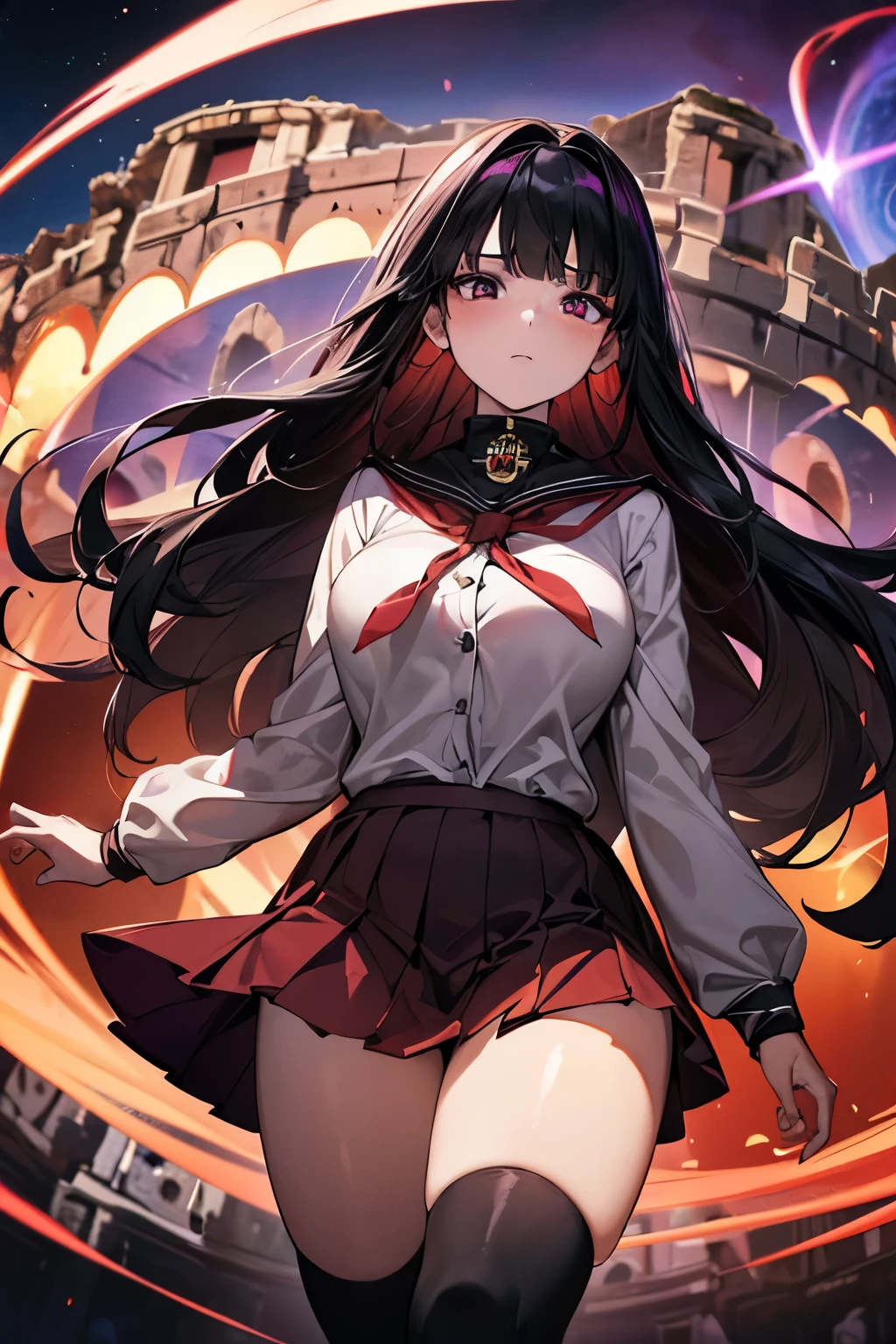 from below, best quality, 3D, a woman raises her hand high into the sky, (red and white magic school uniform:1.3), expressionless, brown miniskirt, brown knee-high socks, incredibly absurdres, extremely detailed, delicate texture, stinking eyes, jet black eyes, blunt bangs, jet black long straight hair, background (In the center of the coliseum, a huge swirling black hole of red, purple, and black in the sky:1.4)
