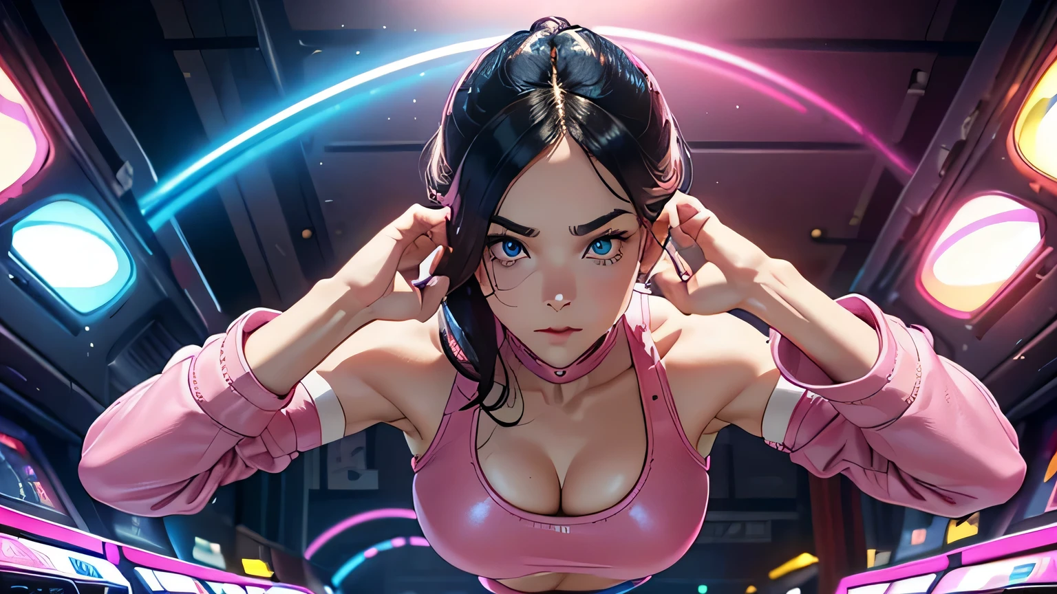 4K, A high resolution, Best quality at best, masterpiece, perfect colors, perfect shadow, perfect litthing, ((sportrait)), 1woman, fit body, heterochromia eyes,dark blue hair , blue eyes, With round lenses, The audience watched carefully, (s face: 1.2), Perfect female figure, ((standing dynamic pose)), ((pink Tight crop top, half breast open, pink leather suit)), ((shy and looking at viewert)), (Perfect thick white eyebrows) Delicate fur, 详细s face, s the perfect face, , (retro arcade game background), ((Bonifasko lighting)), (The round lenses on his eyes)(詳細な目), Perfect student,