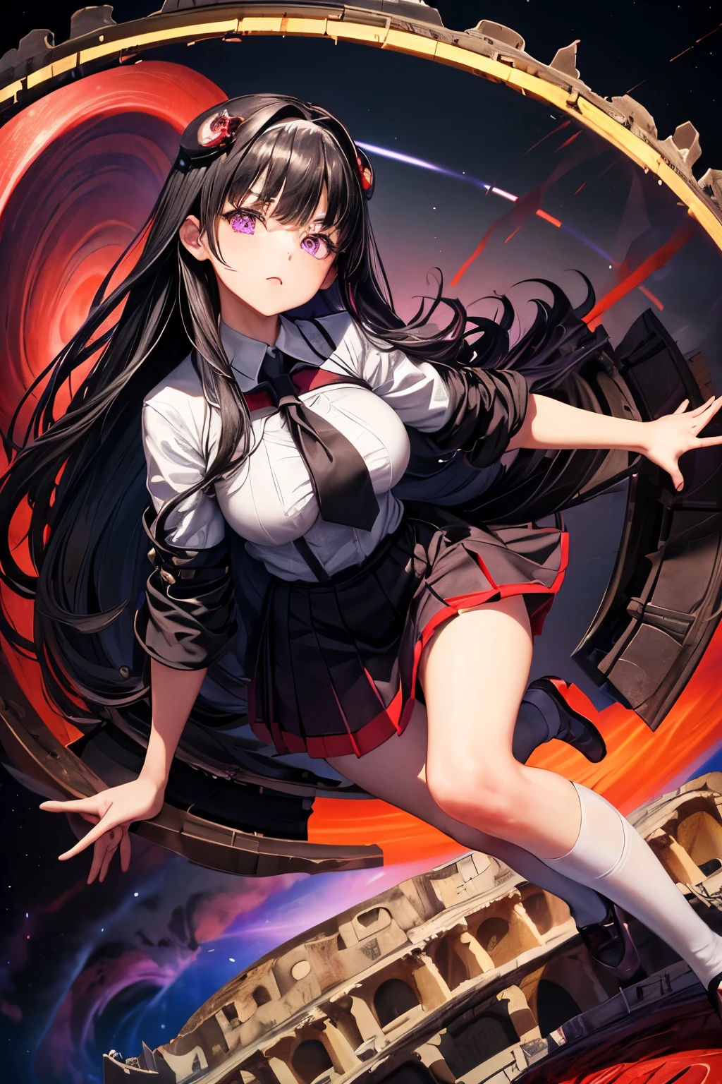 from below, best quality, 3D, a woman raises her hand high into the sky, (red and white magic school uniform:1.3), expressionless, brown miniskirt, brown knee-high socks, incredibly absurdres, extremely detailed, delicate texture, stinking eyes, jet black eyes, blunt bangs, jet black long straight hair, background (In the center of the coliseum, a huge swirling black hole of red, purple, and black in the sky:1.4)