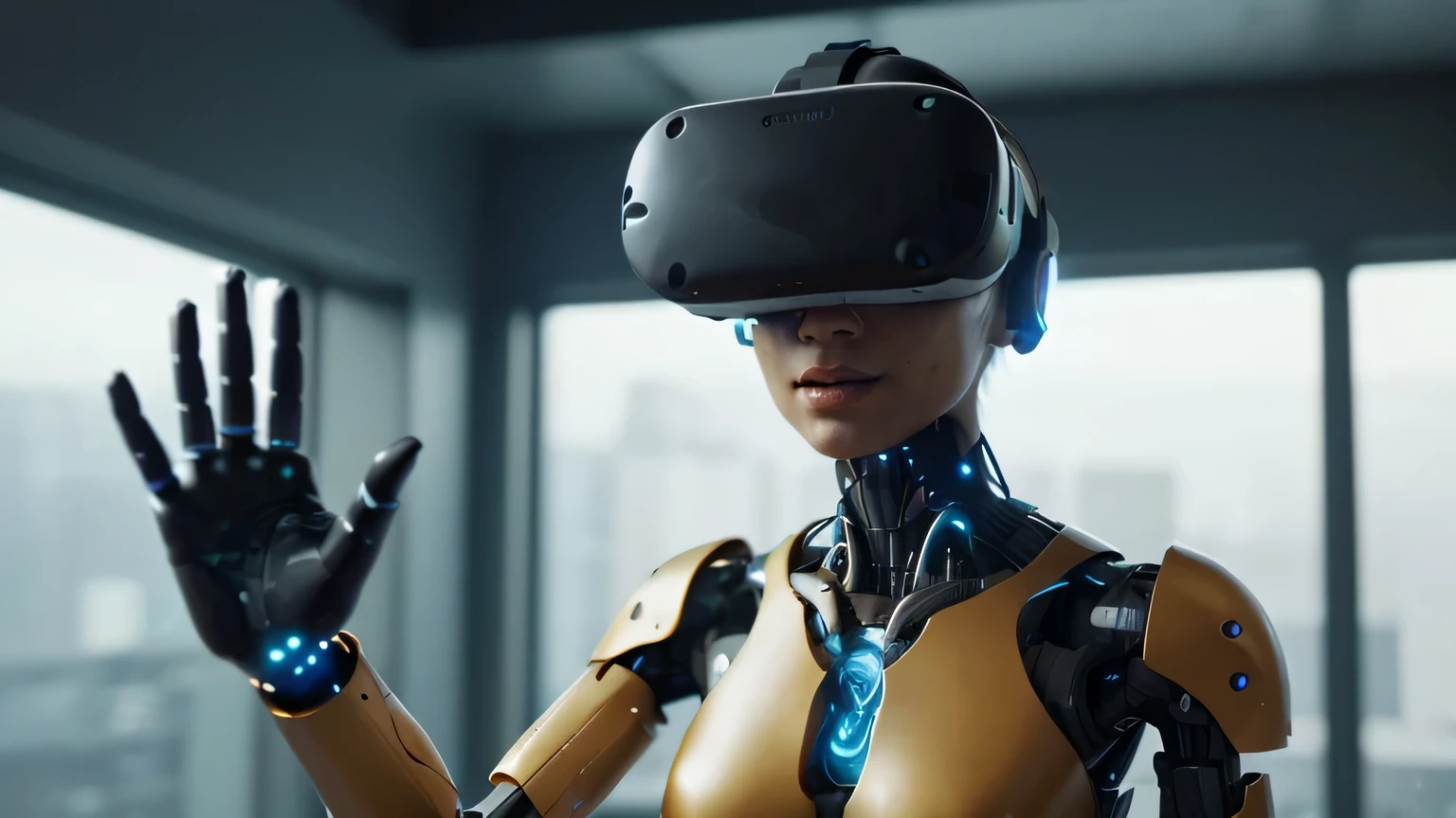 Humanoid AI interacting with virtual reality interface
