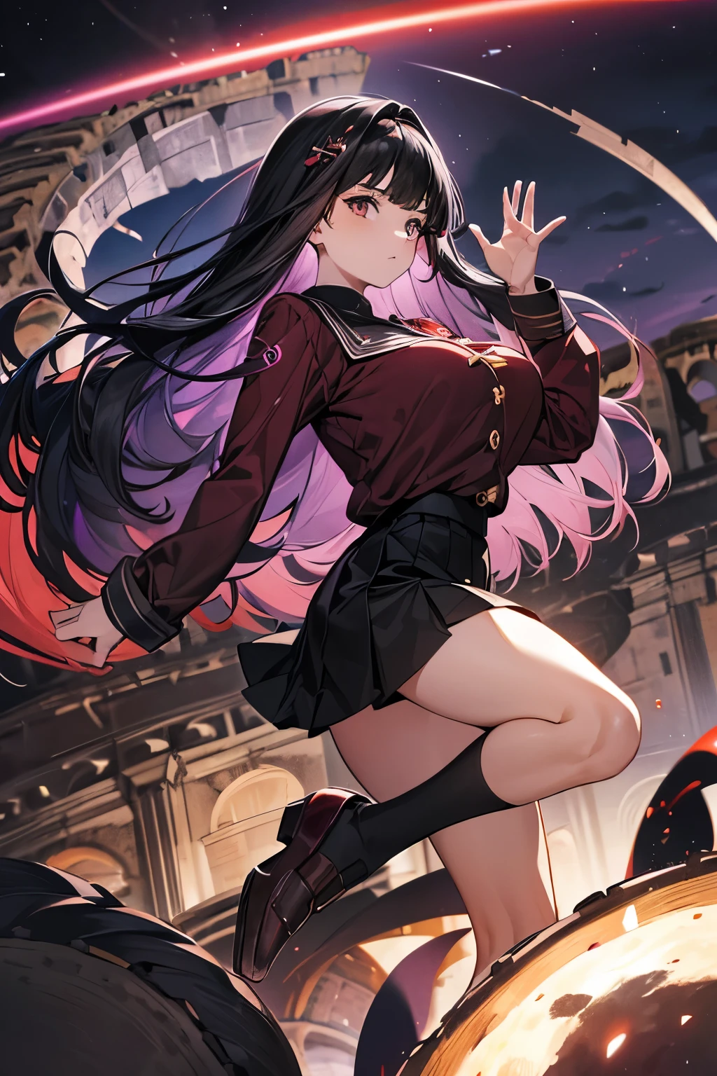 from below, best quality, 3D, a woman raises her hand high into the sky, (red and white magic school uniform:1.3), expressionless, brown miniskirt, brown knee-high socks, incredibly absurdres, extremely detailed, delicate texture, stinking eyes, jet black eyes, blunt bangs, jet black long straight hair, background (In the center of the coliseum, a huge swirling black hole of red, purple, and black in the sky:1.4)