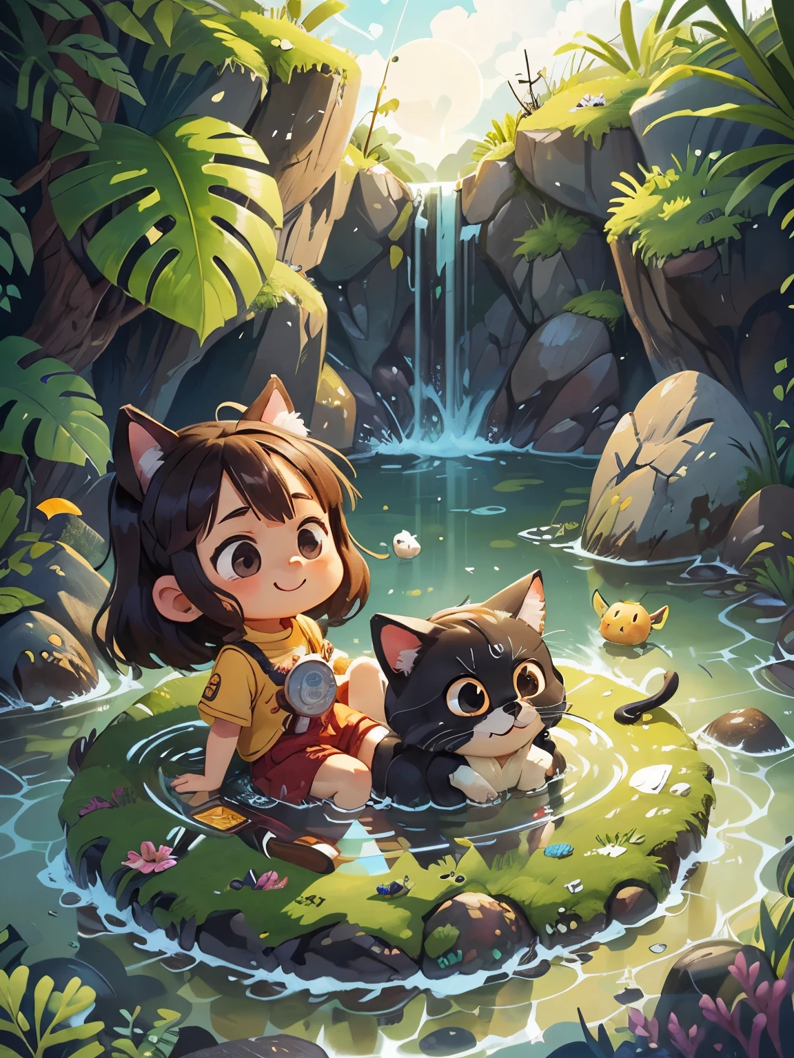 Little, cat, SD character, chibi character, cute, girl, 1 person, smile, adventure, Ocean, with cute pets, whole body, full of energy, masterpiece, 3D rendering, highest quality, lots of details, (夏のOceanの背景), sun, sunny, vinyl toy figurines