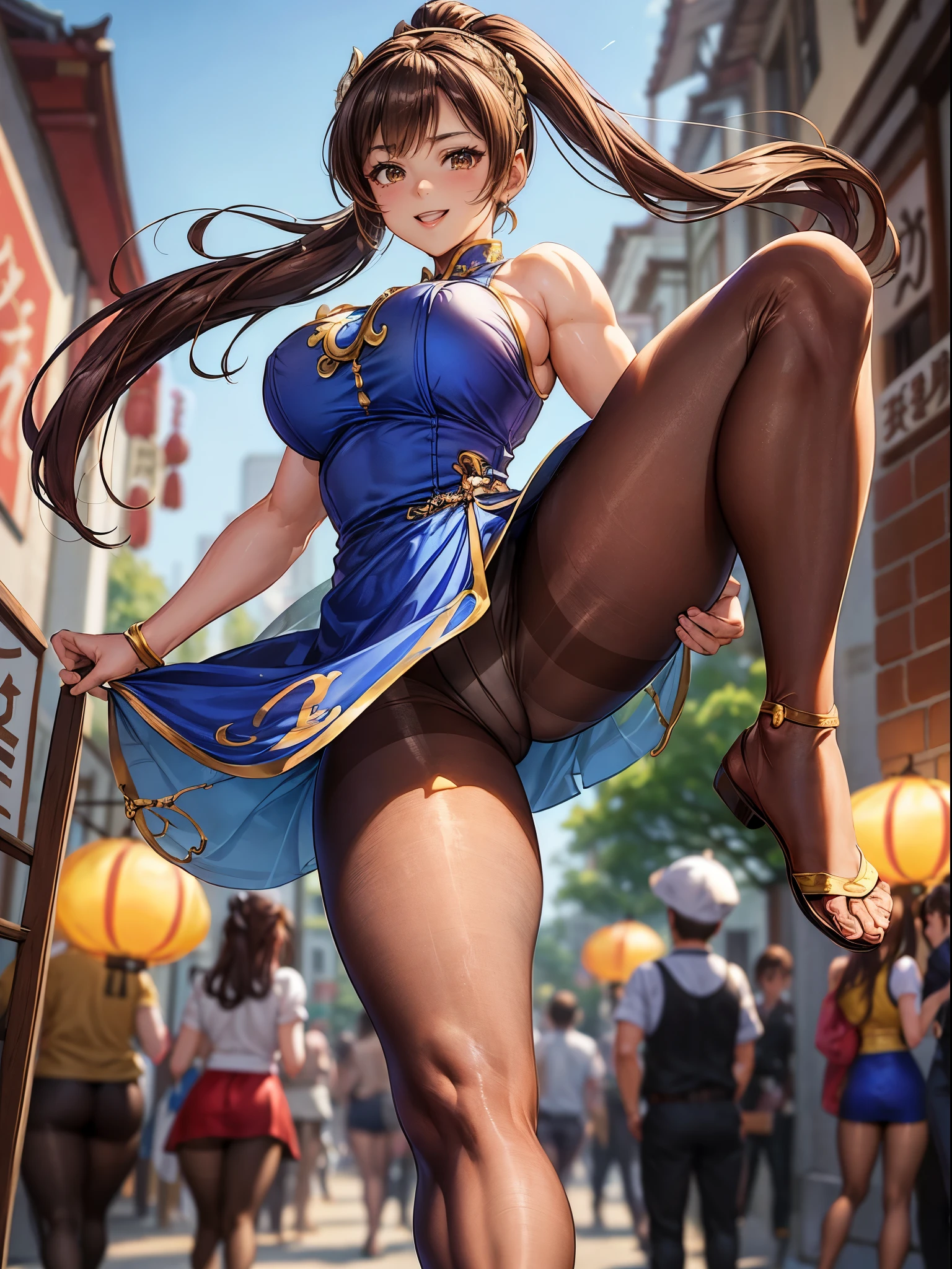 top-quality, Slender beauty, poneyTail, Brown hair, ((Chun-Li blue Chinese dress), ((Brown pantyhose)), Beautiful Large Breasts, Chinatown, is standing, kicking, A big smile, thic strong thighs