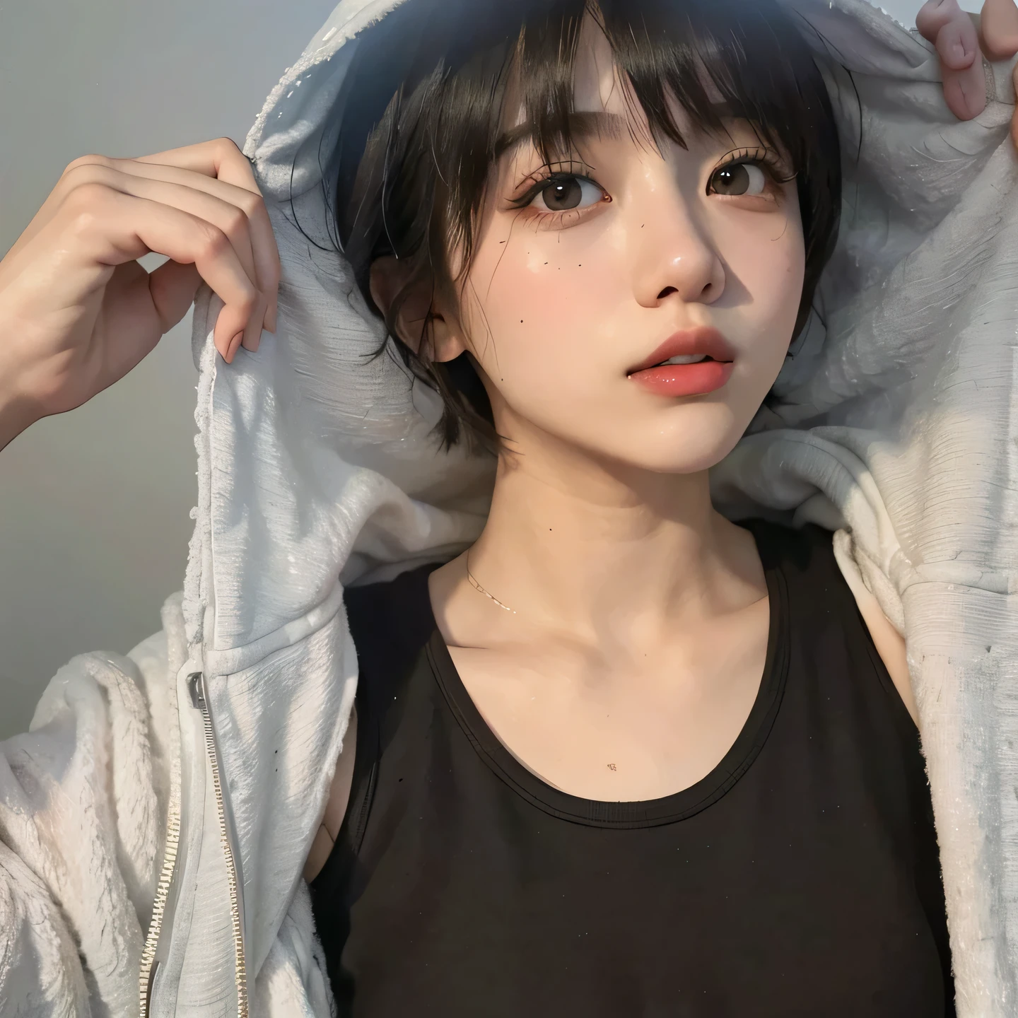 There is a woman wearing a hoodie and taking pictures, 🤤 girl portrait, Cute girl - well-groomed face, with short hair, Ulzzang, young cute asian man face, 19 year old girl, Yoshitomo Nara, Chiho, Black-haired Sui Ishida, black-haired girl wearing a hoodie