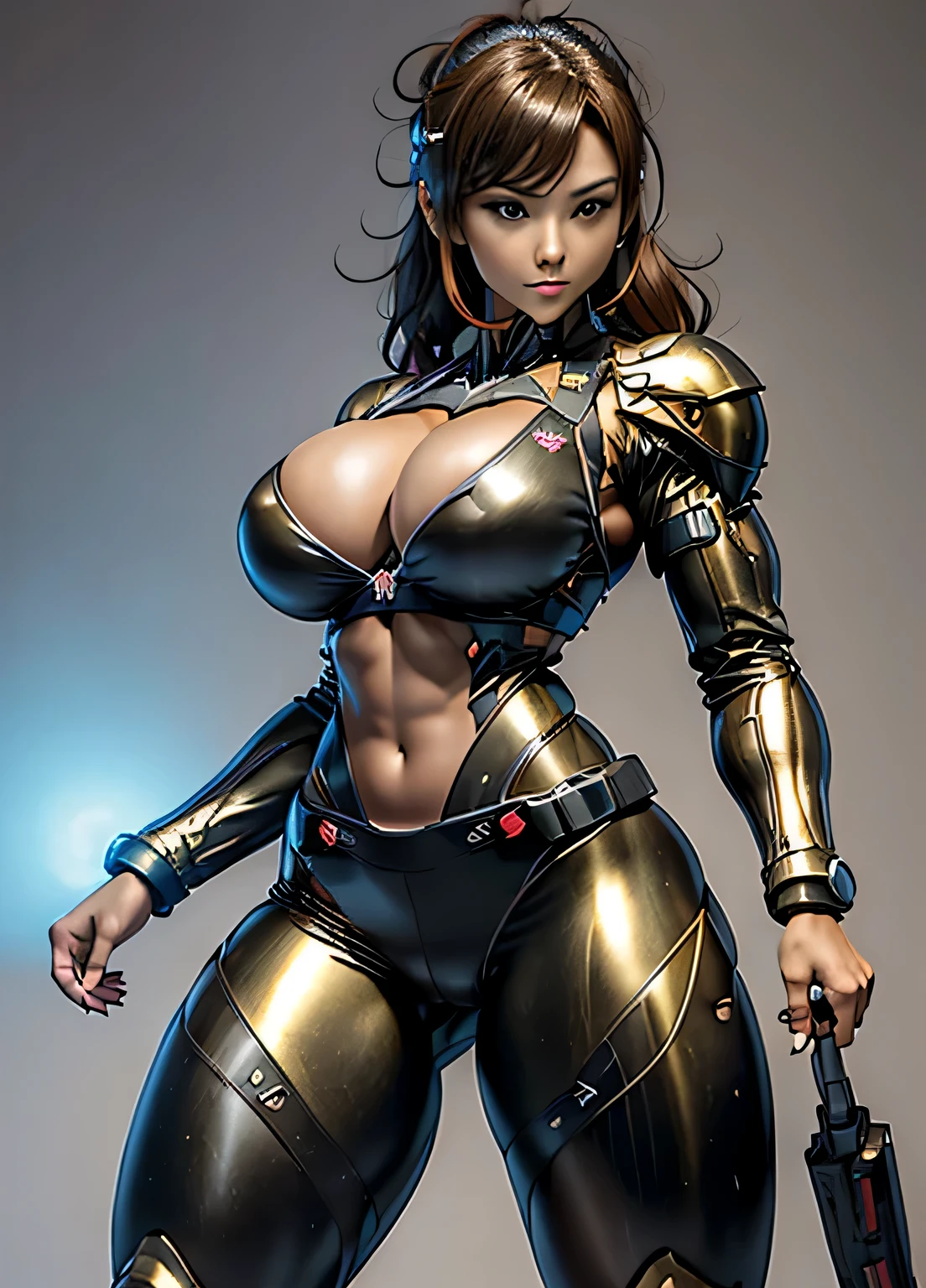 female robocop solo、rough skin, Super detailed, advanced details, high quality, 最high quality, High resolution, 1080p, hard disk, beautiful,(cyborg),(Missiles from the chest),(Machine gun from both hands),beautifulcyborgの女性,メカcyborg少女,battle mode,Mecha body girl,彼女は武器を持ったバトルcyborgメカを身に着けています,full body armored、chest armor、full body shot、luscious lips, (smoky eye makeup:0.85), (big and full breasts:1.5)、,serious expression