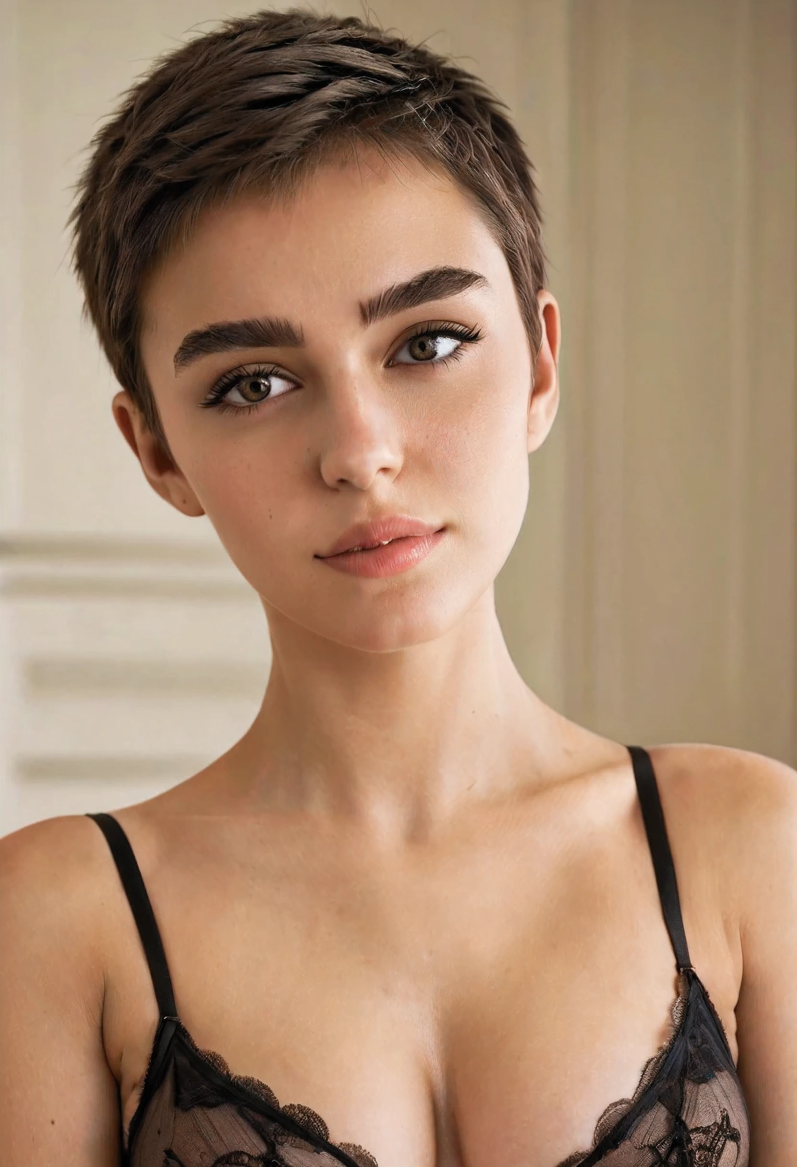 Beautiful girl, perfect figure , lingerie,Big natural tits, Top body photo, 19yo, short hair, Detailed hair, Skin texture, Skin realism, Sharp focus, Highly detailed, Best quality, 4k , Masterpiece, Realistic, Professional photography, Raw photo