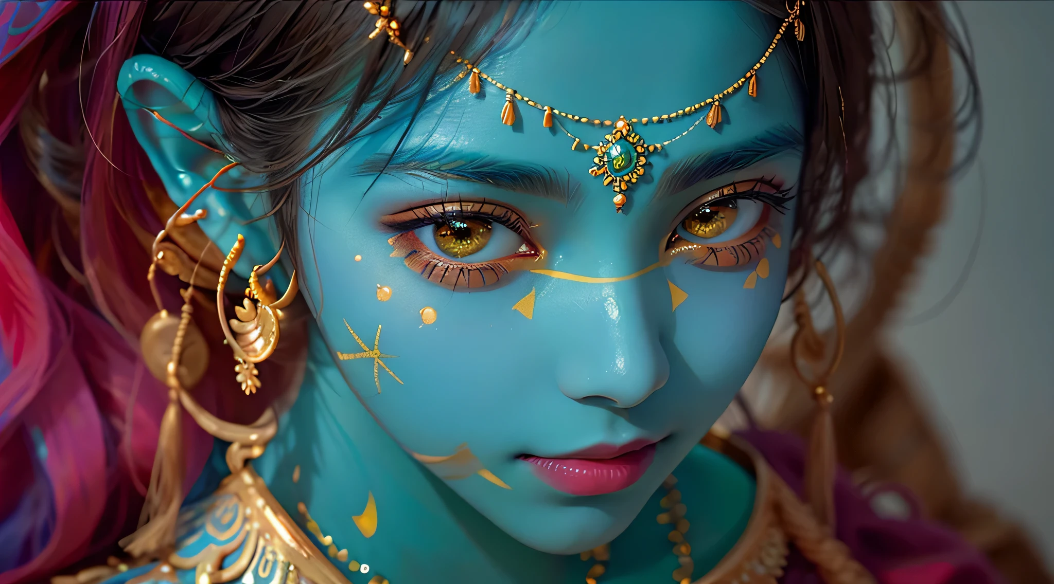 An Indian girl, with a penetrating gaze that touches the soul, transcends physical and emotional barriers, establishing a deep and meaningful connection that resonates at the core of each individual, leaving an indelible mark that endures far beyond the present moment. Her face, adorned with a blue hue and golden glitter paint, exhibits a radiant turquoise blue shade. This photographic portrait, captured in 4k resolution, highlights the details of the elaborate facial painting, creating a vivid and colorful image. Inspired by the renowned photographer Steve McCurry, this close-up portrait reveals the beauty of colors and expressions of Indian culture. The woman's face shines with an intense blue, while her shy expression adds a touch of mystery to the image. The intricate facial painting reflects the richness of Indian artistic tradition. This artistic photograph, in high-resolution 8k, showcases vibrant and lively colors, providing an immersive and captivating visual experience, with smooth skin texture.