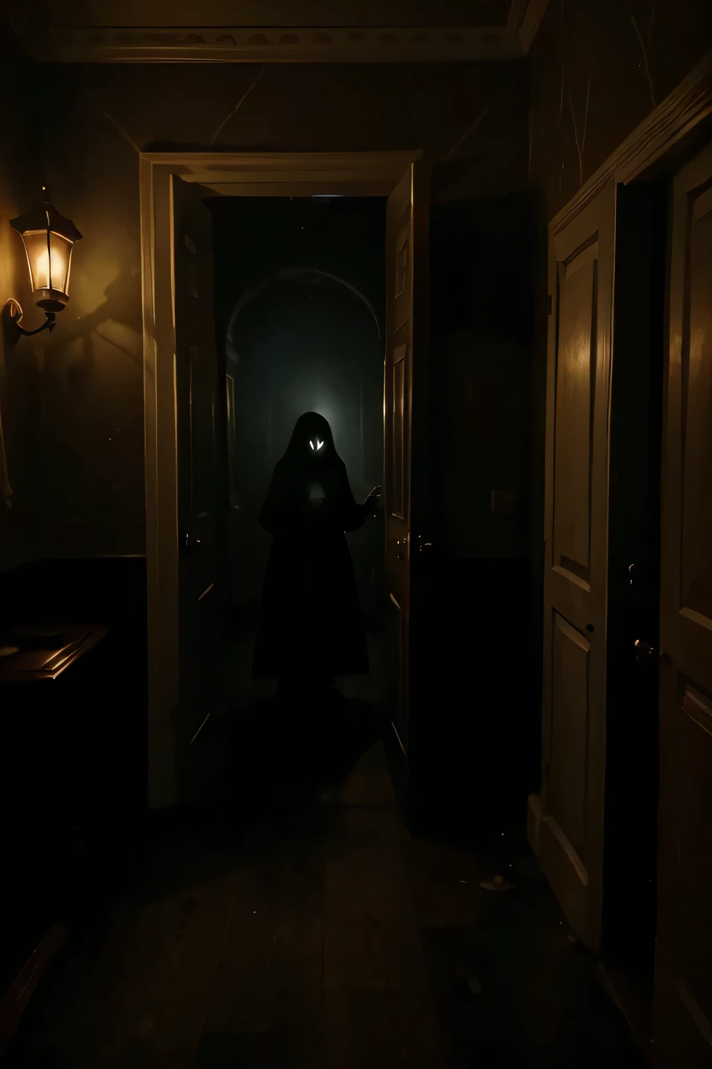 like malevolent spirits, their elongated forms casting grotesque shapes against the faded wallpaper and ornate molding. The air is thick with an oppressive mist that clings to the air, obscuring vision and distorting reality. Dim, flickering gas lamps barely penetrate the darkness, their feeble light casting eerie shadows that seem to reach out and grab at unsuspecting passersby. Every creak of the floorboards echoes like a sinister whisper, sending shivers down the spine of anyone brave enough to venture into the haunted depths of the corridor.
Amidst the darkness, a shadowy figure lurks in the doorway of one of the rooms, its form barely discernible against the gloom. Peeking out from the shadows, its presence adds to the sense of foreboding, as if it is watching, waiting for the perfect moment to reveal its sinister intentions. Despite the silence, there is an undeniable sense of malevolence emanating from the figure, as if it is a harbinger of the horrors that lurk within the haunted corridors of the hotel. This spine-chilling scene is a testament to the secrets and terrors that lie hidden within the shadows of the Victorian-era hotel, where the past refuses to stay buried.
