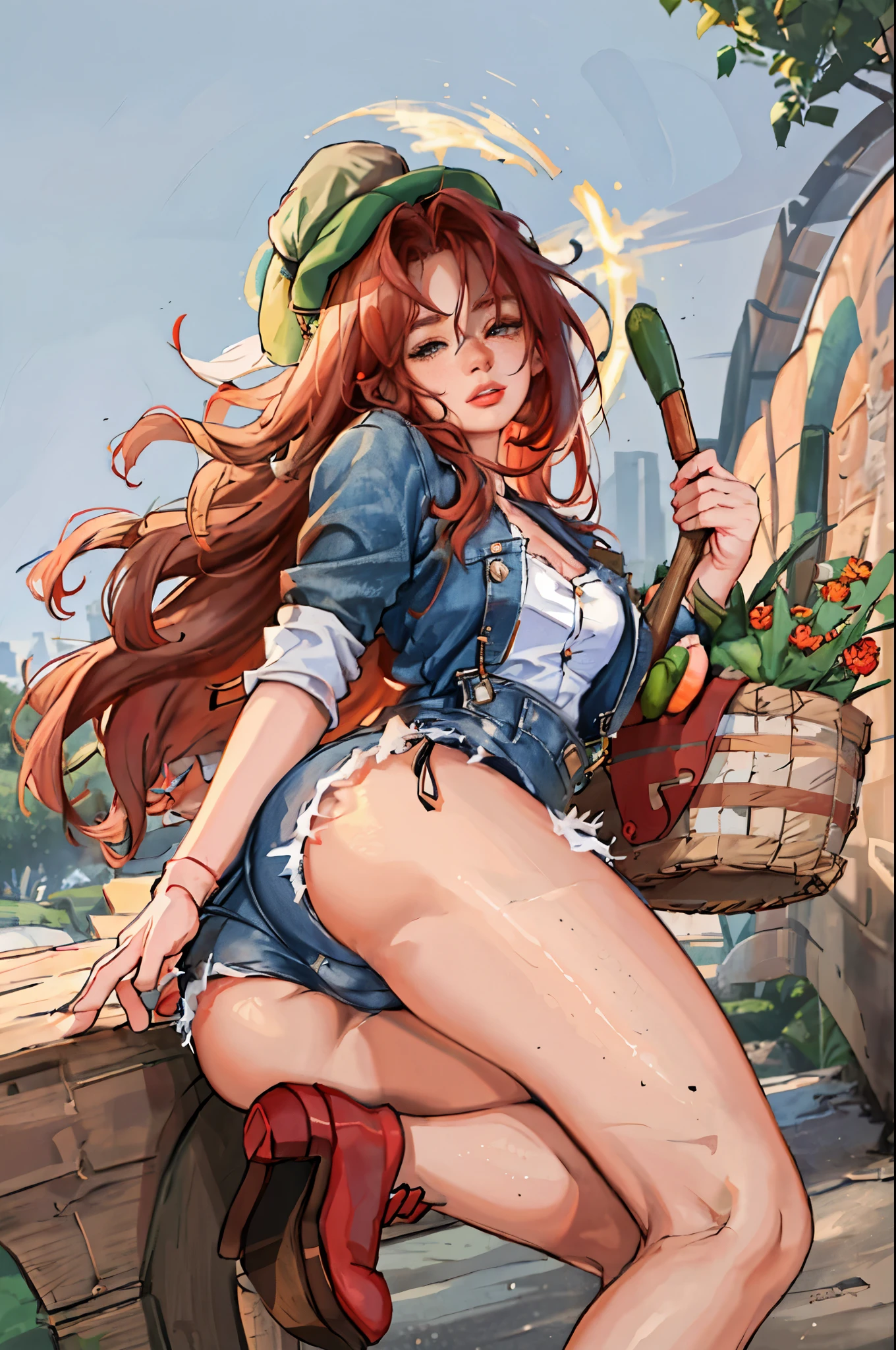 (best quality,4k,8k,highres,masterpiece:1.2),ultra-detailed,realistic,red-haired girl with freckles,beautiful detailed eyes and face,smug expression,sassy attitude,cute girl,curly red hair,plaid shirt,denim overalls,hat,farmer boots,brown curly hair,long eyelashes,thick booty,farm background,holding a basket of fresh vegetables,gardening tools,morning sunlight,vivid colors,rustic style,soft lighting