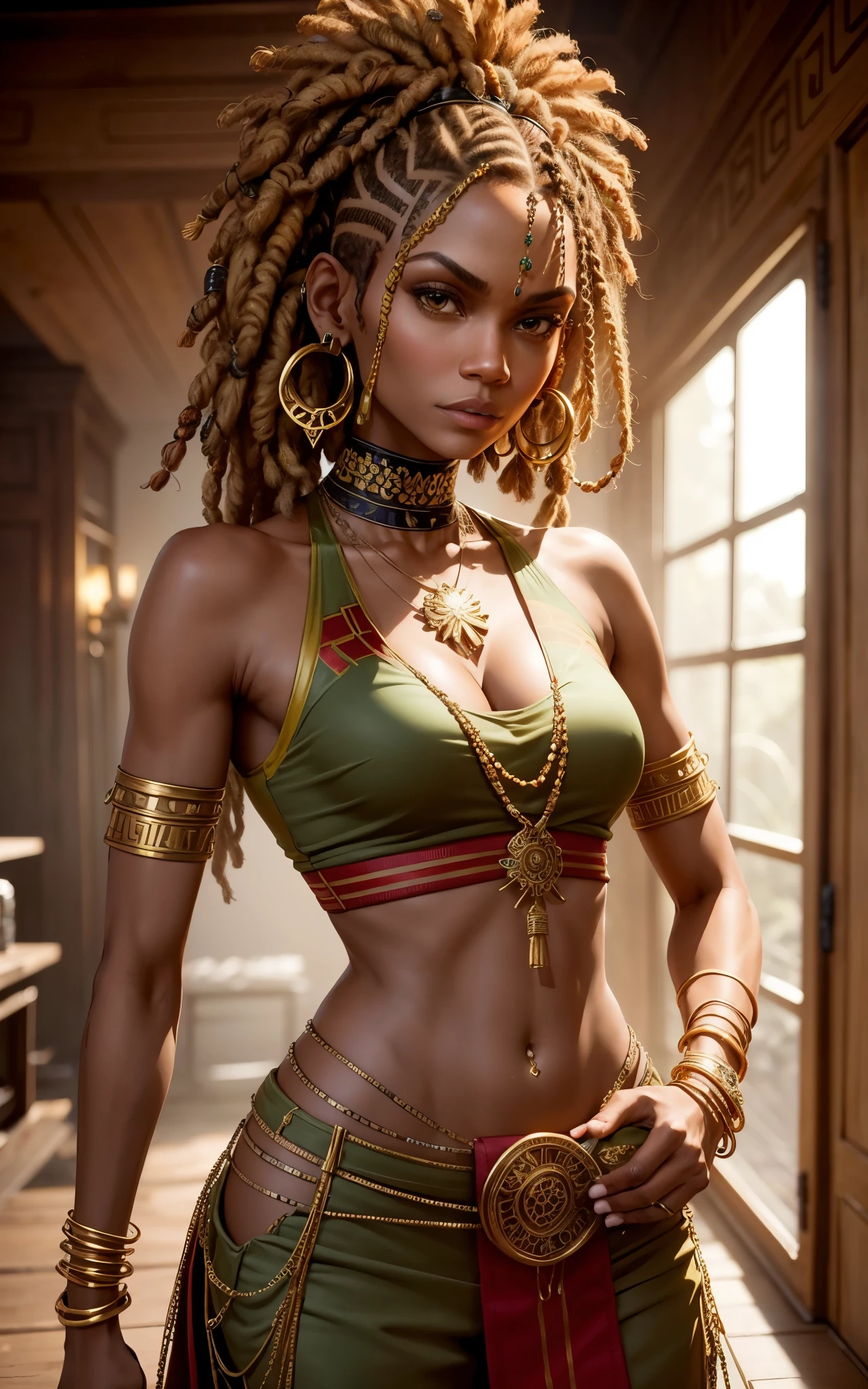 
(Zendaya:Halle Berry) dressed like a nigerian chaman, red green and yellow sleeveless tunic, (high top fade haircut and dreads) tribal tattoo in the face, (golden rings necklace), Lovecraft atmosphere, masterpiece, hyperdetailed