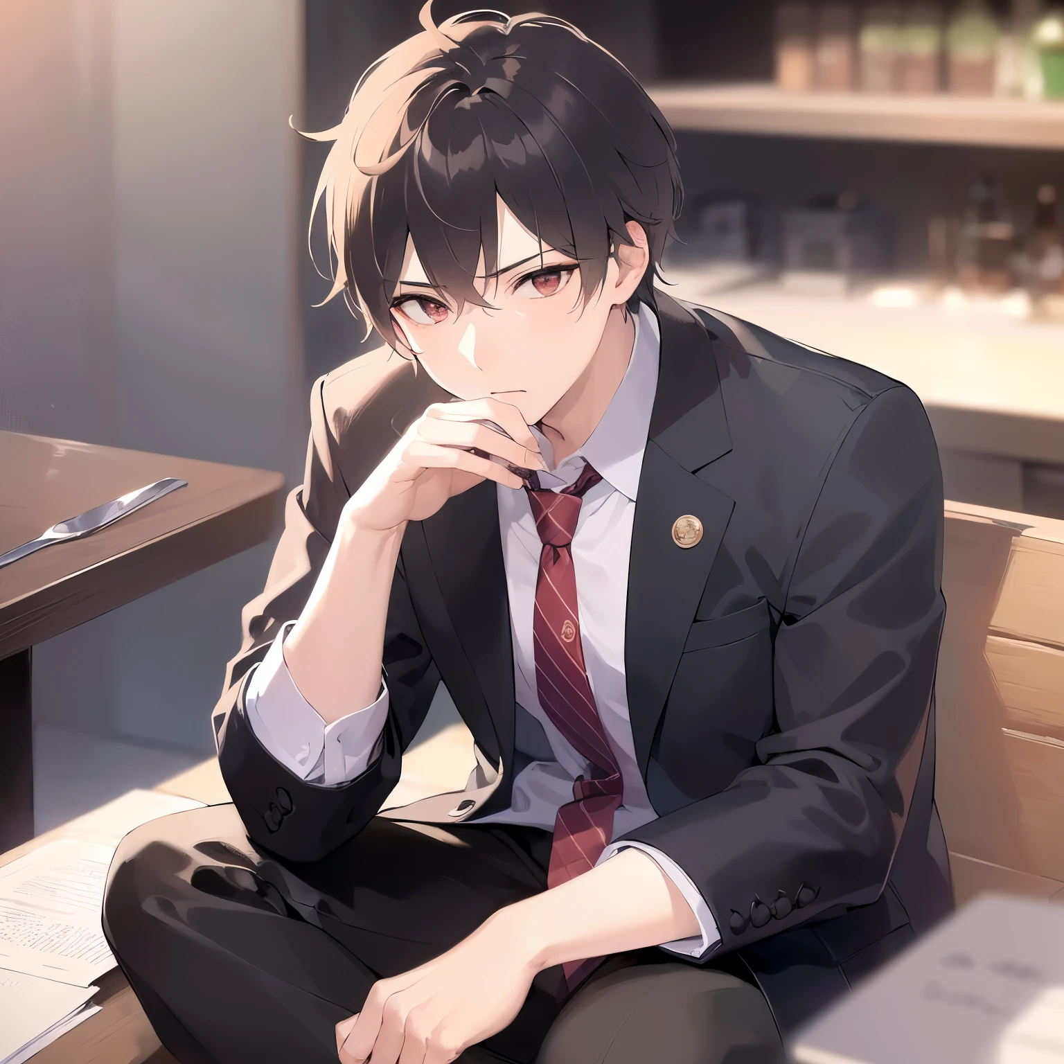 Scratching head、masterpiece、highest quality、(25 year old male:1.5) and (brown short hair) and (red eyes), wearing a gray suit、wearing a white shirt、Wearing a blue tie、sitting、(confused:1.5)、The background is a restaurant、(Alone:1.5)