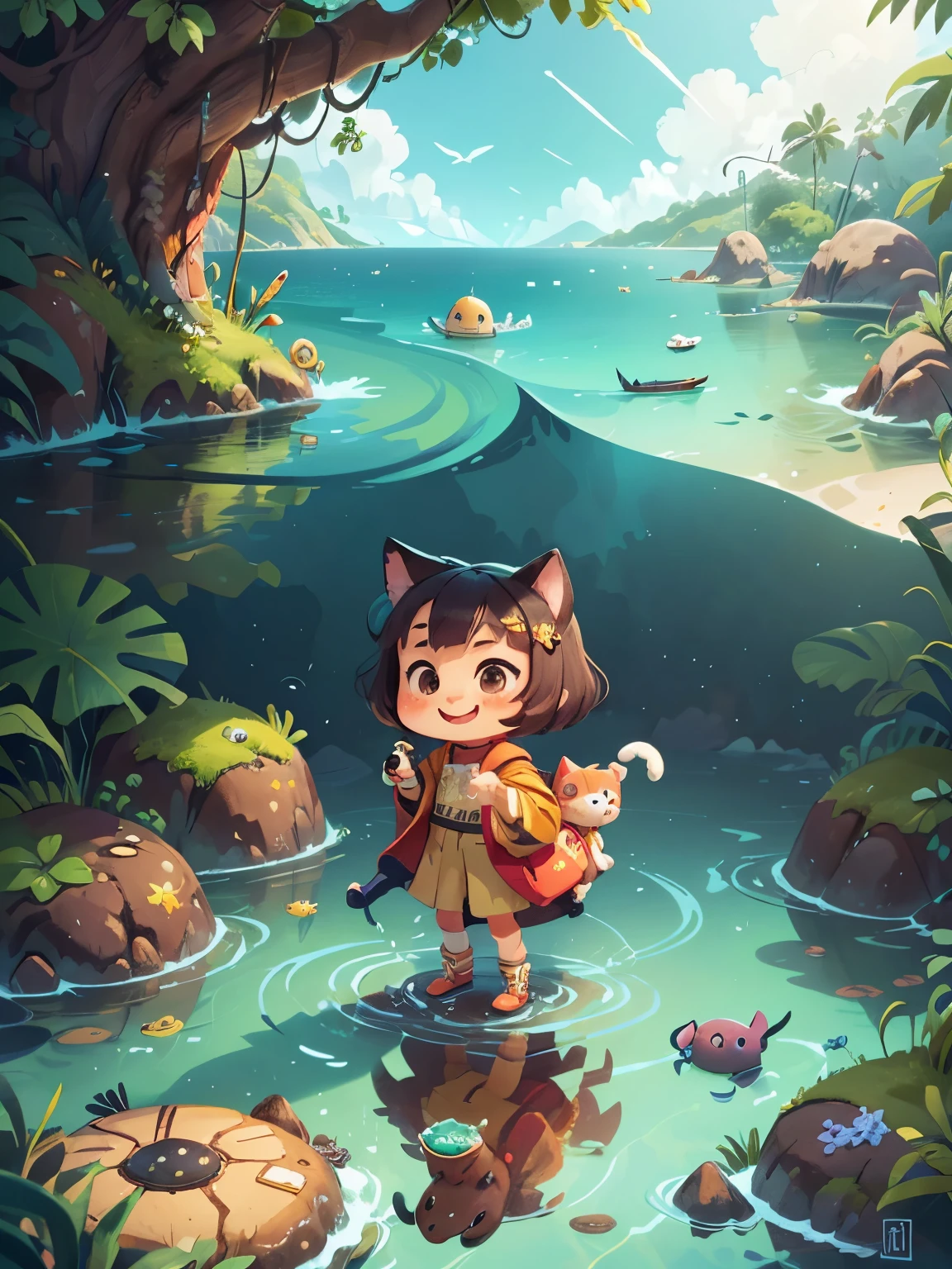 Little, cat, SD character, chibi character, cute, girl, 1 person, smile, adventure, Ocean, with cute pets, whole body, full of energy, masterpiece, 3D rendering, highest quality, lots of details, (夏のOceanの背景), sun, sunny, vinyl toy figurines