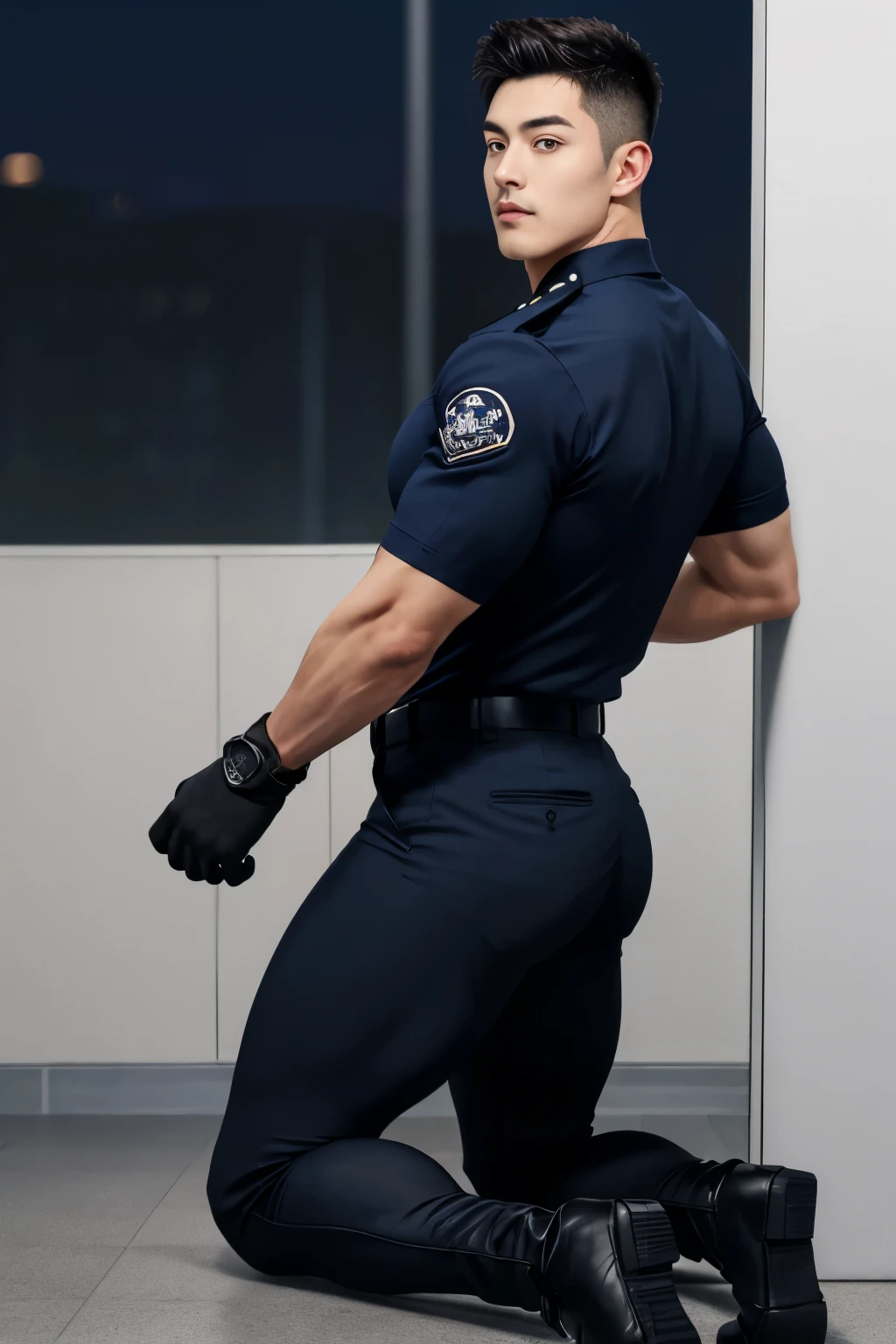 20-year-old boy ,Korean male officer ,Thin mustache...,handsome ,Wear a dark navy police shirt..............., Dark navy tight trousers, Black boots and dark navy gloves.,sit on the ground , His legs spread apart................................, Police Logo ,tight breasts ,Muscle Man , ((The arm muscles are very large...................)) ,large  , Wide shoulders ,open legs ,looking back to the camera, rear shot............................................... ,((unrealistic super big tight butt))....................................... ,Sexually suggestive, (Dynamic Poses:1.1) , thights , (Embossed Focus:1.2),On your knees........................., toilet cubicle at night , Best qualtiy , Wide lens ,deep depth of field ,Bokeh background