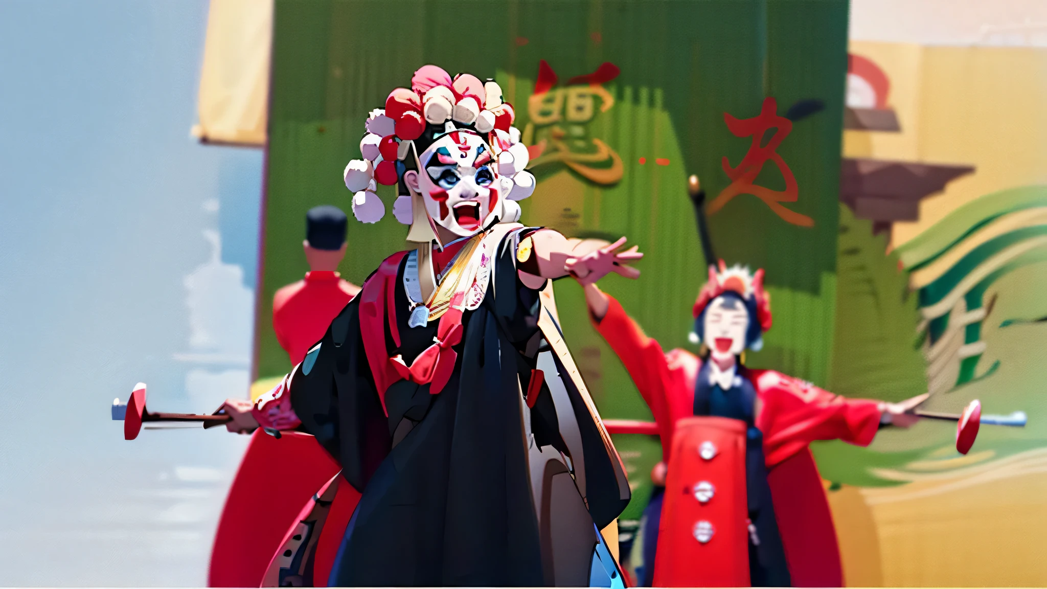 Nuo opera themed hand-painted postcards：Produce hand-painted animated postcards with the theme of Nuo opera，Each postcard presents a different Nuo opera scene or character，like god、Actors and dance performances。