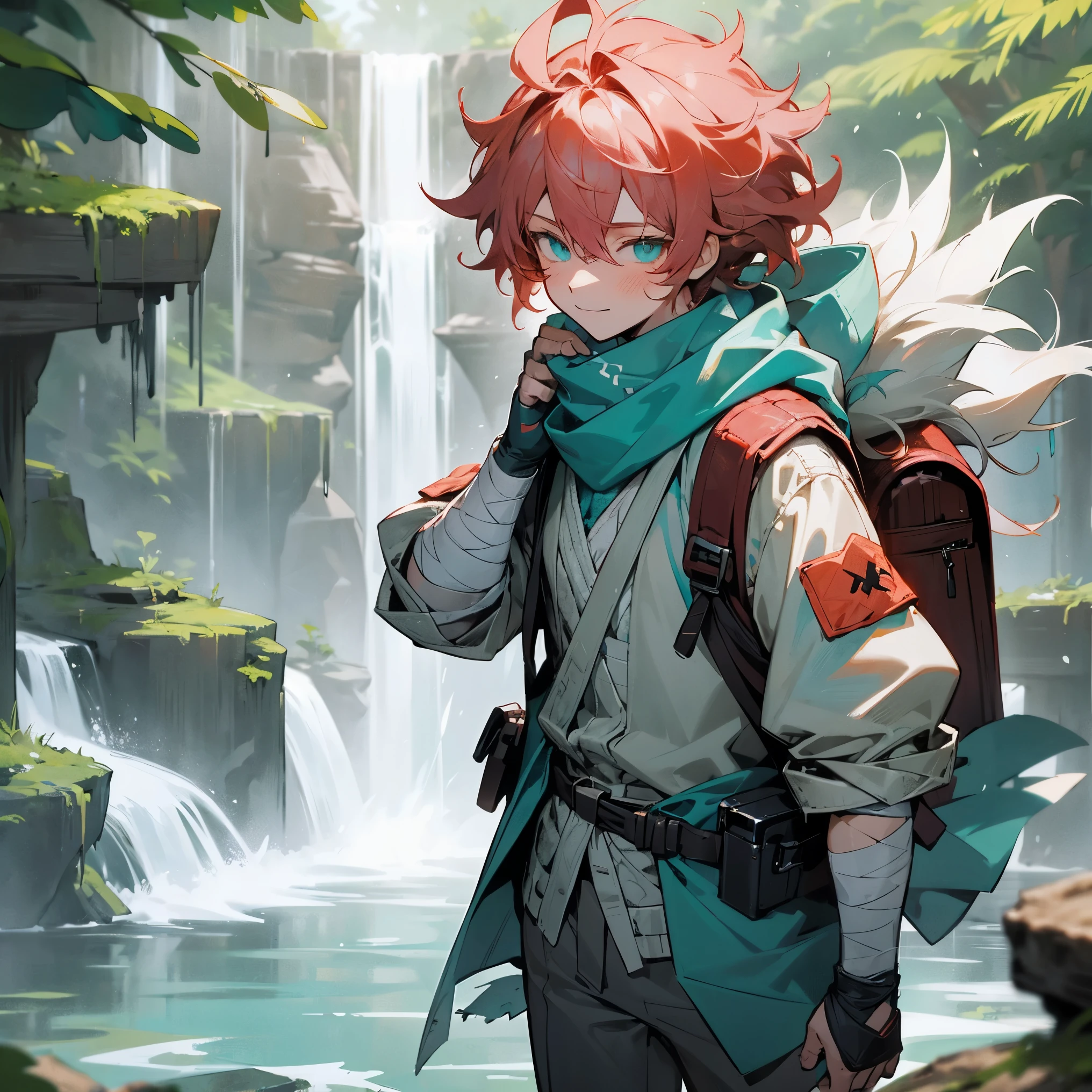 1male, young teen, medium messy hair, coral colored hair, finely detailed aqua eyes, casual adventurous clothes, jacket with fur hood on head, damaged scarf, bandolier across chest, bandages wrapped around arms, hiking backpack, forest, grotto, waterfall, walking down path, confident evil smile