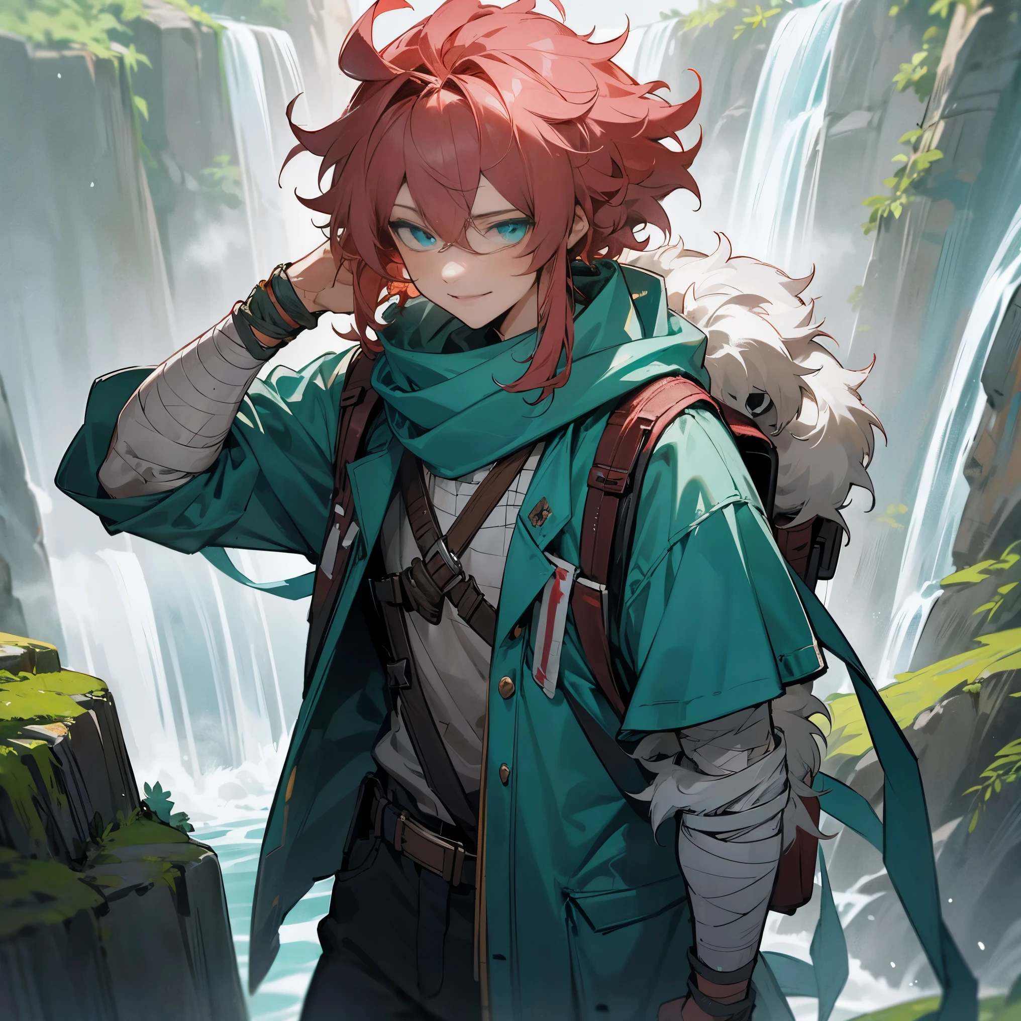 1male, young , medium messy hair, coral colored hair, finely detailed aqua eyes, casual adventurous clothes, jacket with fur hood on head, damaged scarf, bandolier across chest, bandages wrapped around arms, hiking backpack, forest, grotto, waterfall, walking down path, confident evil smile