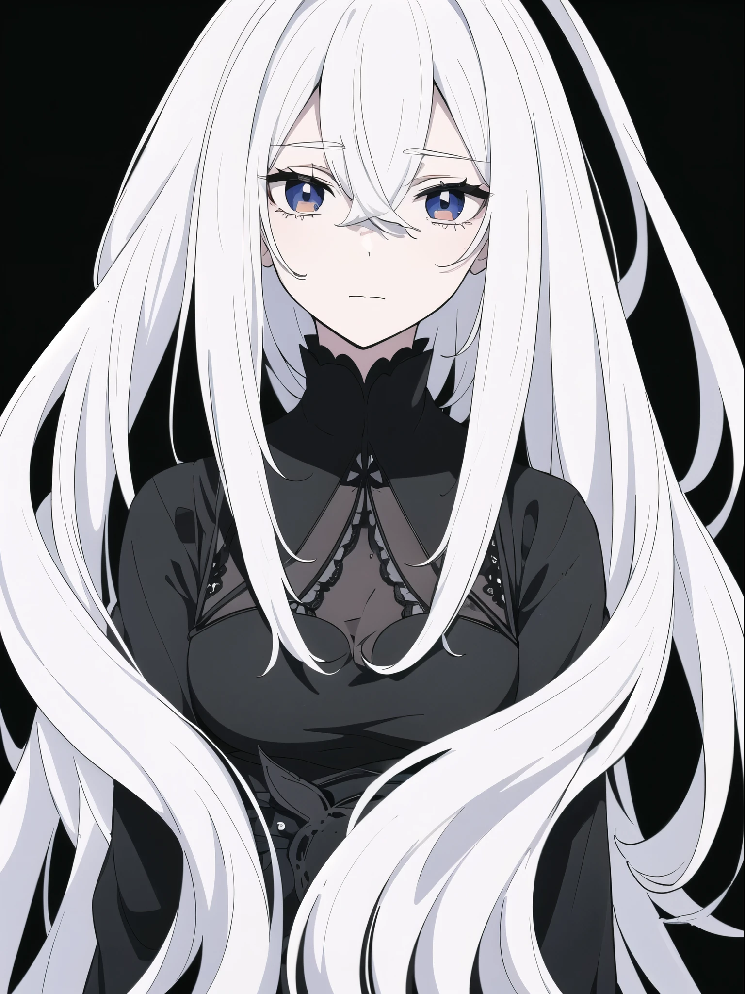 ((White hair)),((Head and Shoulders Image)),Sexy,A person,Alone,Simple style,pancake ,Simple details,Black background,Empty background,Black background wall,(20 year old woman),(Droopy hair),(White Gloves),(Evening Gown),(Lace Shirt),Lace,(confidence)