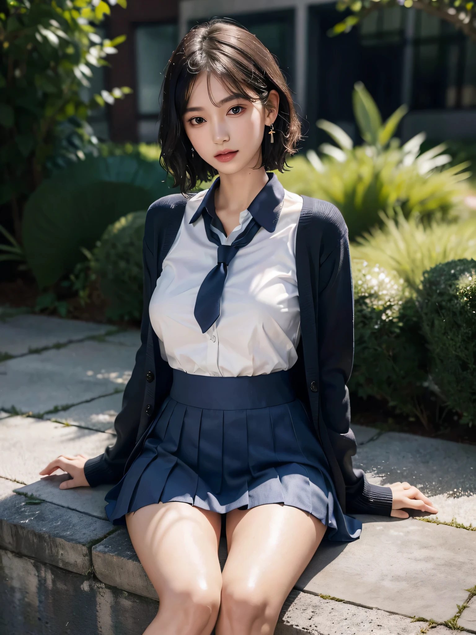 (disorganized, RAW photo, very delicate and beautiful, masterpiece, highest quality, ultra high resolution, 16k, surreal, super detailed, perfect anatomy, super dense skin, perfect figure:1.2), Highly detailed CG 8k wallpaper, 20&#39;s, very slim body, (tight waist:1.2), very small head, very small face, delicate facial features, tearful mole, earrings, thin legs, (very huge round breasts:1.1), (full body shot:1.1), short hair, wavy hair, (school uniform:1.3), Wet, cardigan,