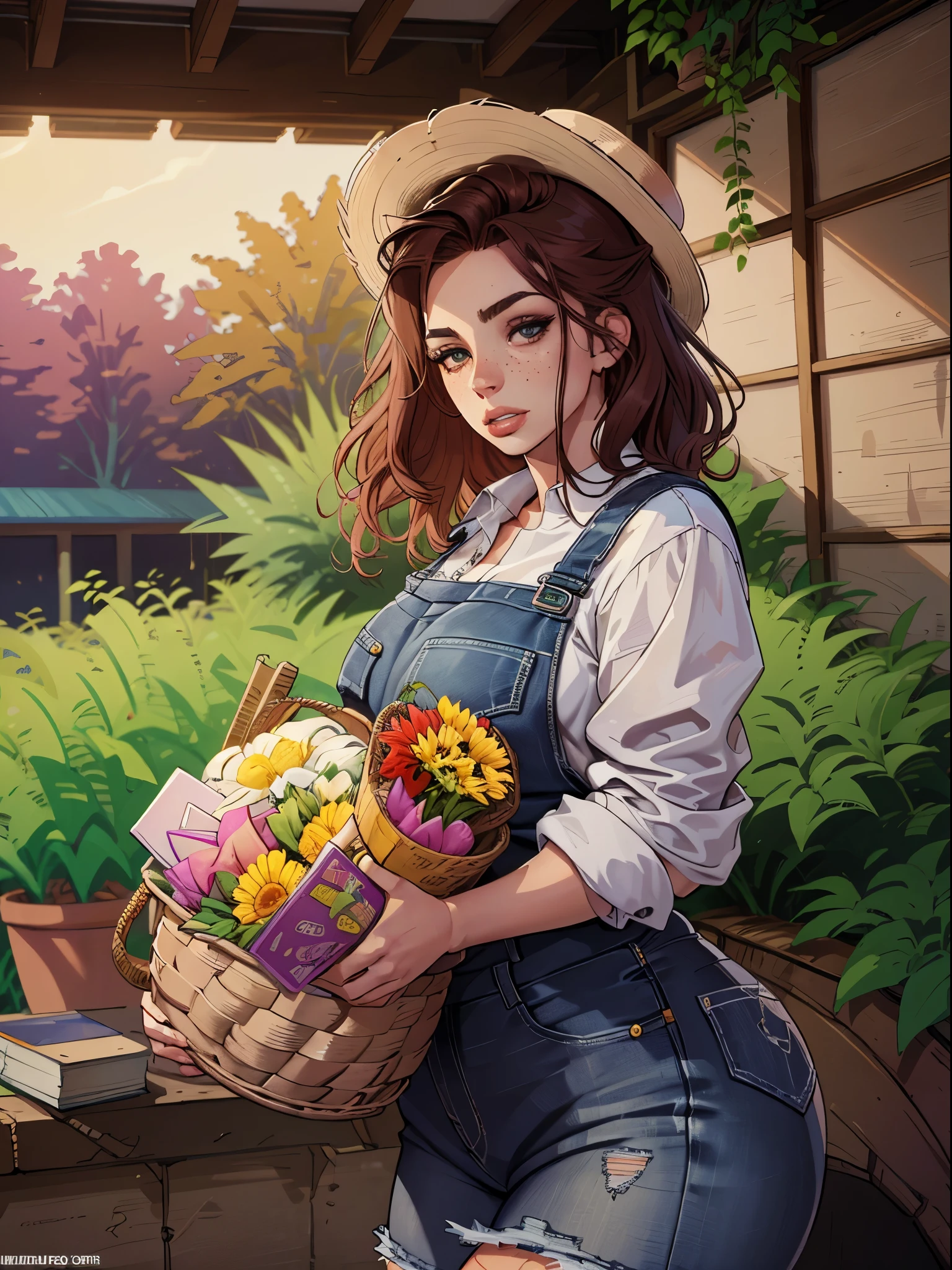 (best quality,4k,8k,highres,masterpiece:1.2),ultra-detailed,realistic,red-haired girl with freckles,beautiful detailed eyes and face,smug expression,sassy attitude,cute girl,curly red hair,plaid shirt,denim overalls,hat,farmer boots,brown curly hair,long eyelashes,thick booty,farm background,holding a basket of fresh vegetables,gardening tools,morning sunlight,vivid colors,rustic style,soft lighting