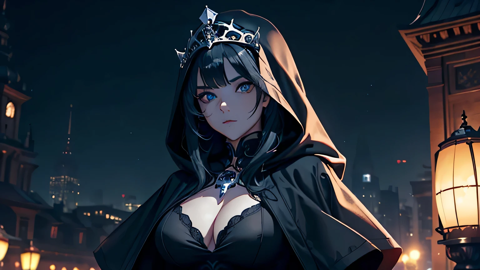 4K, A high resolution, Best quality at best, masterpiece, perfect colors, perfect shadow, perfect litthing, ((sportrait)), 1woman, fit-muscled body, bright yellow eyes,dark blue hair , blue eyes, With round lenses, The audience watched carefully, (s face: 1.2), Perfect female figure, ((standing)), ((beautiful queen in black dress suite, wraping in luxurious dark hooded robes, dark roses and skull adorn her cloth, (tiara,roses,skull ornamental,black,dark))), ((shy and looking at viewert)), (Perfect thick white eyebrows) Delicate fur, 详细s face, s the perfect face, At a fantasy cyberpunk city , (model pose standing), energetic background, perfect city skyscape, lighting atmosphere, ((Bonifasko lighting)), (The round lenses on his eyes)(詳細な目), Perfect student, face close up