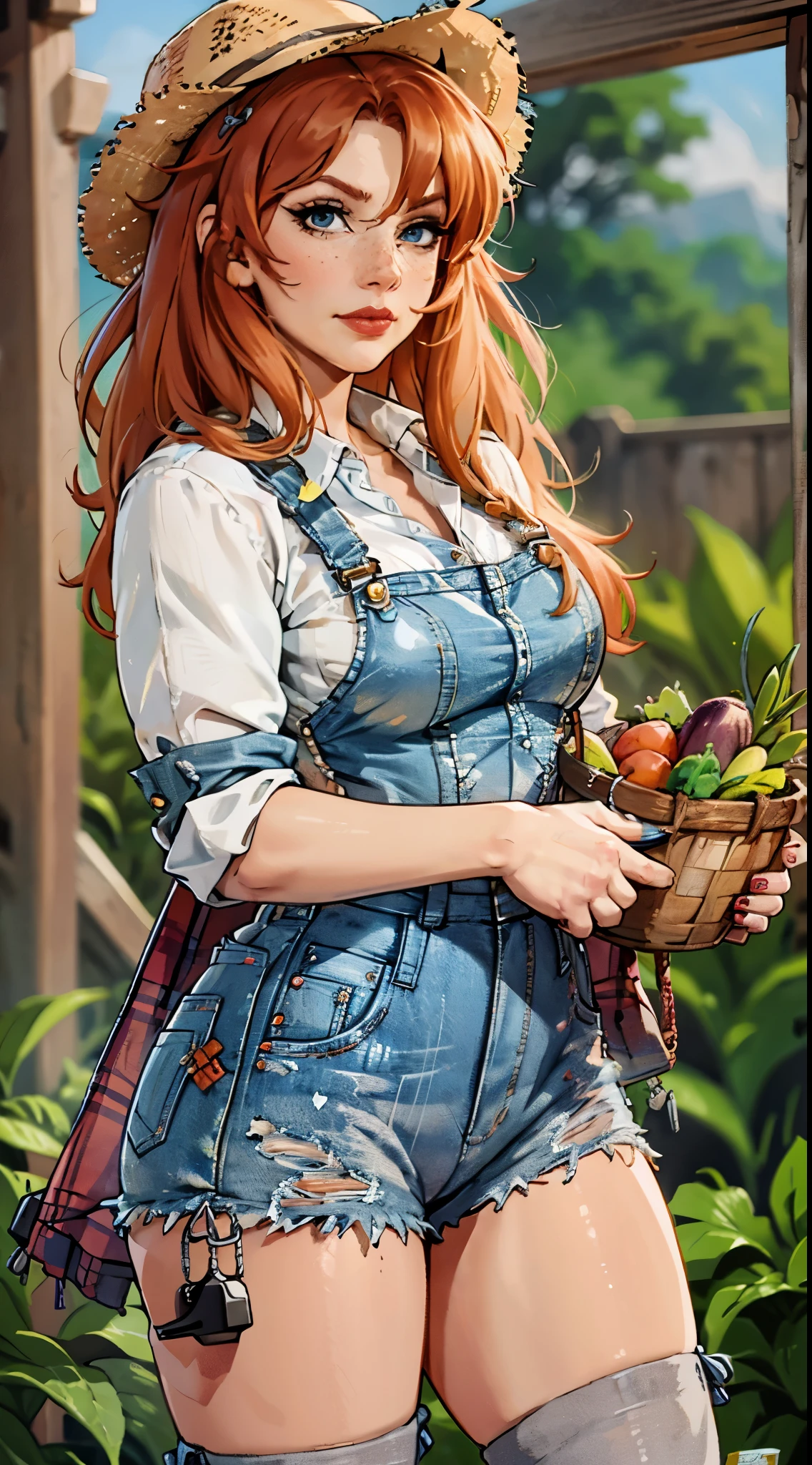 (best quality,4k,8k,highres,masterpiece:1.2),ultra-detailed,realistic,red-haired girl with freckles,beautiful detailed eyes and face,smug expression,sassy attitude,cute girl,curly red hair,plaid shirt,denim overalls,hat,farmer boots,brown curly hair,long eyelashes,thick booty,farm background,holding a basket of fresh vegetables,gardening tools,morning sunlight,vivid colors,rustic style,soft lighting