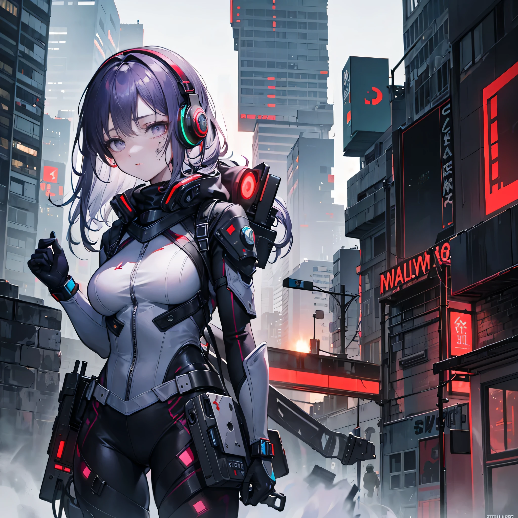 (best quality,CG,masterpiece:1.2),Super detailed,actual,futuristic,cyberpunk,dark atmosphere,Purple hair and waist、Silver eyes、data flow、girl with high nose bridge,Facial scars that cannot be concealed,tactical headphones,Wearing a full high-tech combat suit,Luminous exoskeleton, Malfunctioning jet boots glow red, Clothes that cover the whole body, environment:wasteland,Smoke and gunfire in the distance,night scene,Dark and terrifying atmosphere, Color palette leans towards gray, Realistic clothing, No too many fancy decorations.