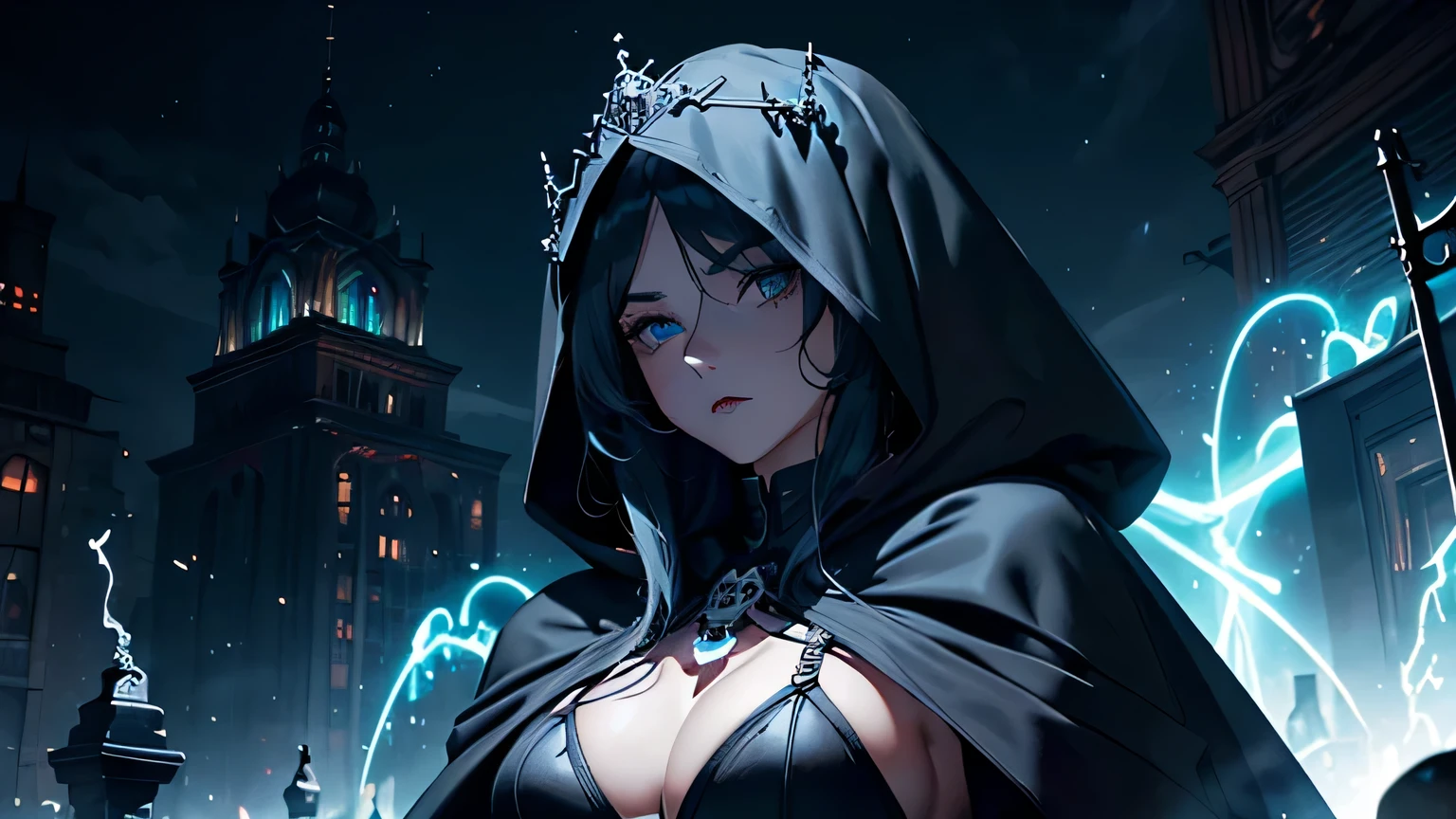 4K, A high resolution, Best quality at best, masterpiece, perfect colors, perfect shadow, perfect litthing, ((sportrait)), 1woman, fit-muscled body, bright yellow eyes,dark blue hair , blue eyes, With round lenses, The audience watched carefully, (s face: 1.2), Perfect female figure, ((standing)), ((beautiful queen in black dress suite, tight crop top, wraping in luxurious dark hooded robes, dark roses and skull adorn her cloth, (tiara,roses,skull ornamental,black,dark))), ((shy and looking at viewert)), (Perfect thick white eyebrows) Delicate fur, 详细s face, s the perfect face, At a fantasy cyberpunk city , (model pose standing), energetic background, perfect city skyscape, lighting atmosphere, ((Bonifasko lighting)), (The round lenses on his eyes)(詳細な目), Perfect student, ((face close up))