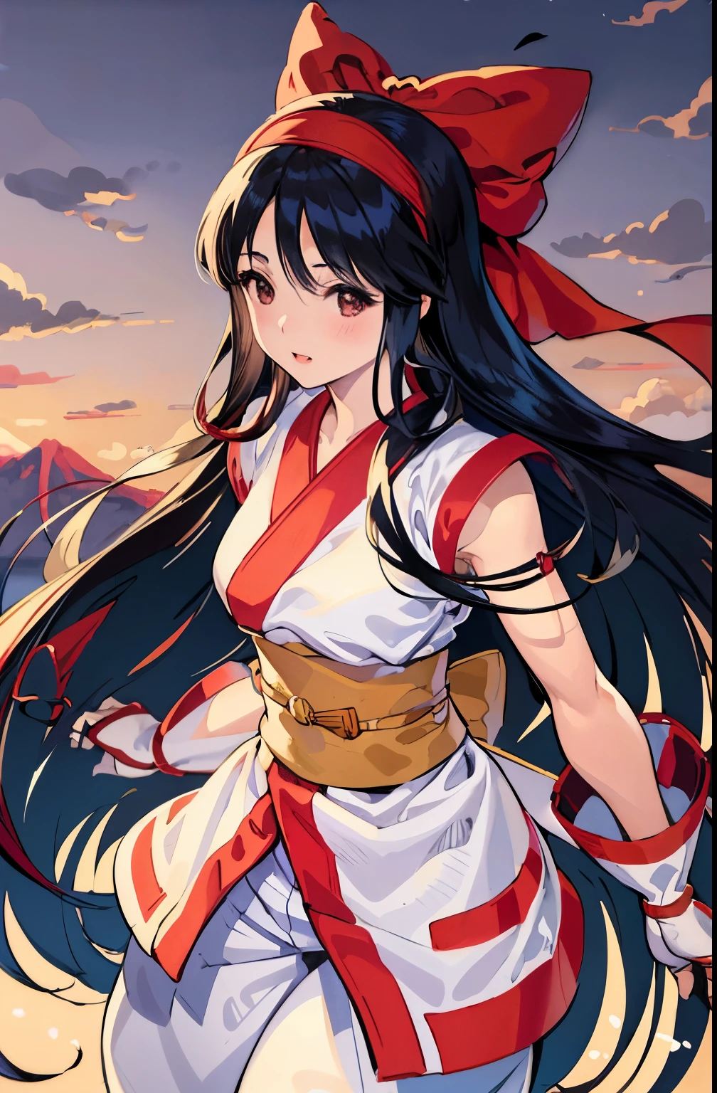 masterpiece, highest quality,1 girl, red bow, bow, long hair, hair bow, Ainu clothes, alone, hair band, bird, black hair, fingerless gloves, short sleeve, gloves, sash, pants, bangs, red hair band, arms, chest, brown eyes, white pants, kimono, Nakoruru, light smile, official art, good composition, sexy pose, detailed portrait, portrait, Bokeh, clouds and mountains background, pencil style, traditional brush, warrior, onmyoji style, High resolution, dramatic lighting and shadows, high contrast, sun